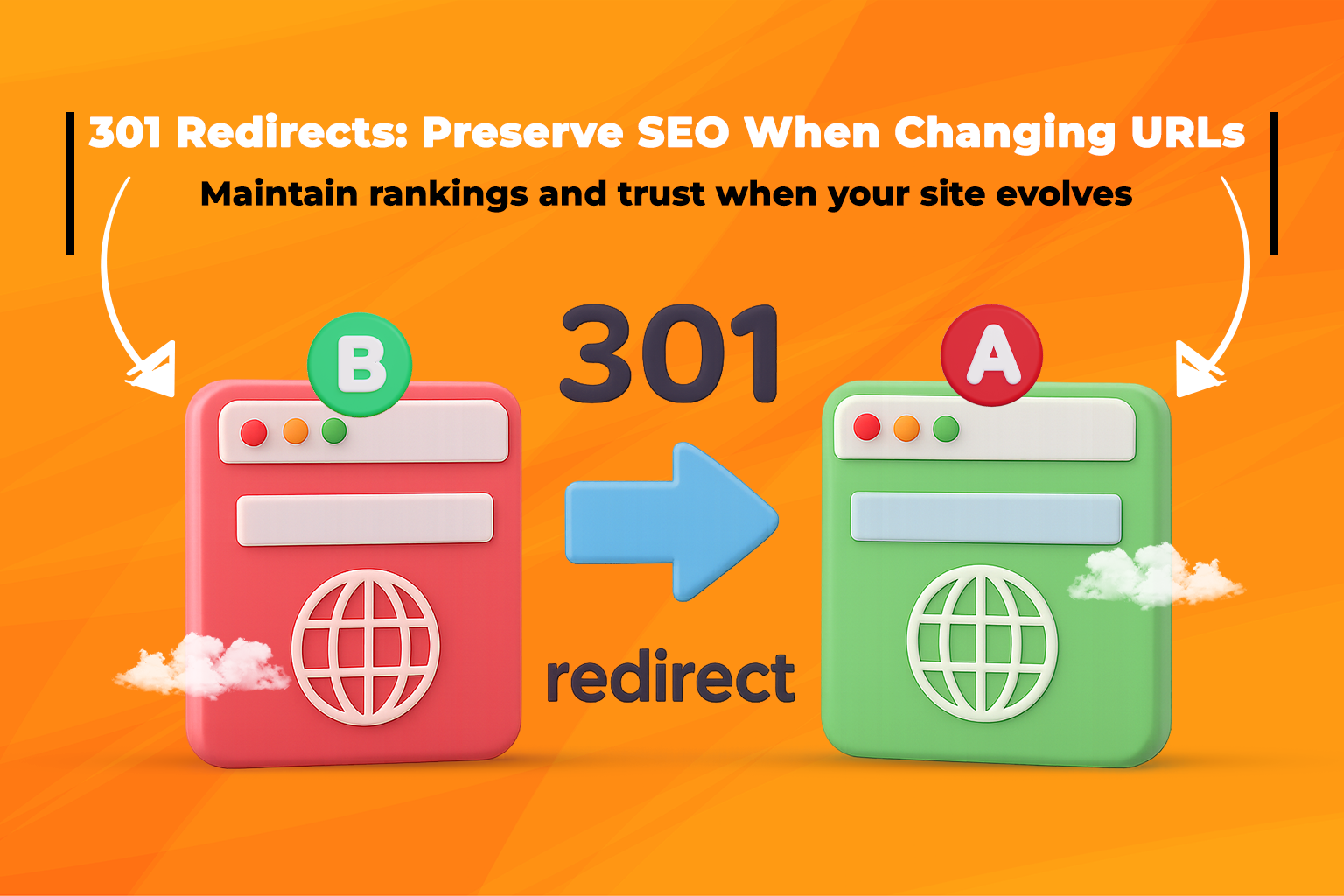 Diagram showing a permanent 301 redirect from an old URL to a new URL