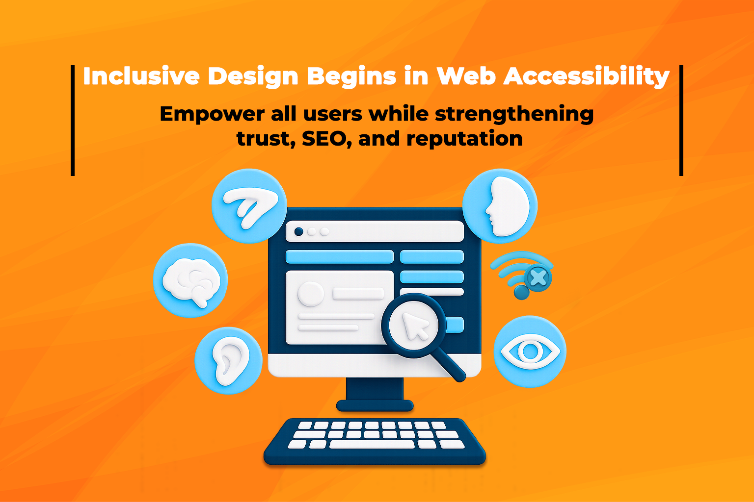 Icons representing Web Accessibility features, including screen readers and keyboard navigation.
