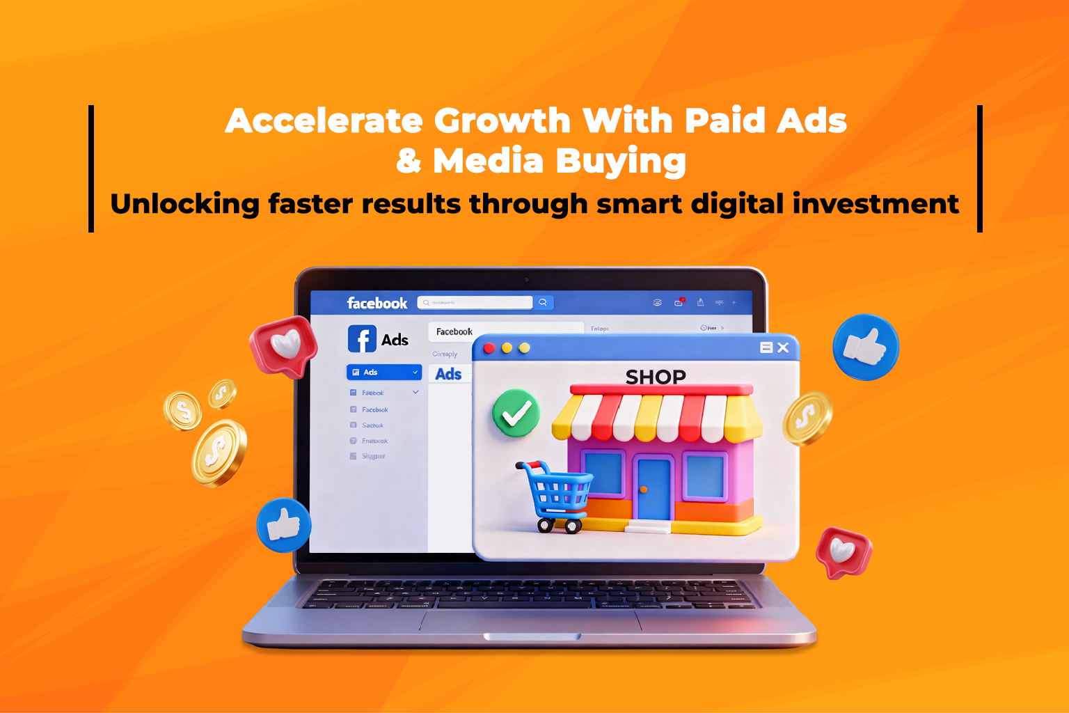 Illustration showing paid advertising channels including search ads, social ads, and display media