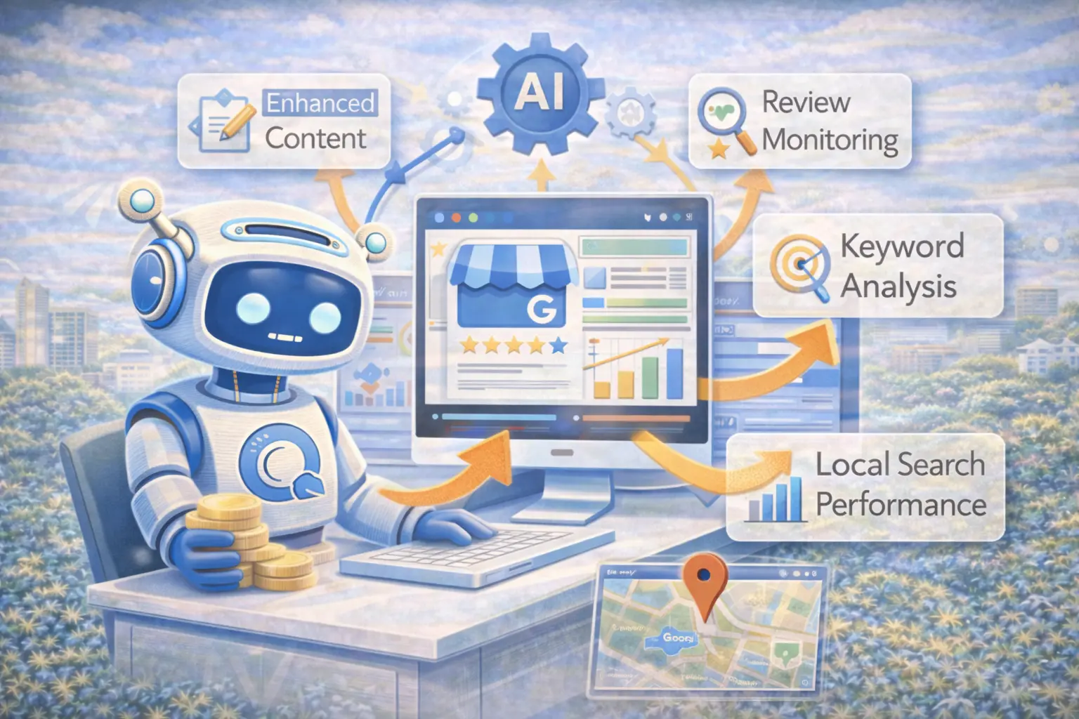 AI tools optimizing a Google Business Profile through content enhancement, review monitoring, keyword analysis, and improved local search performance in Altamonte Springs
