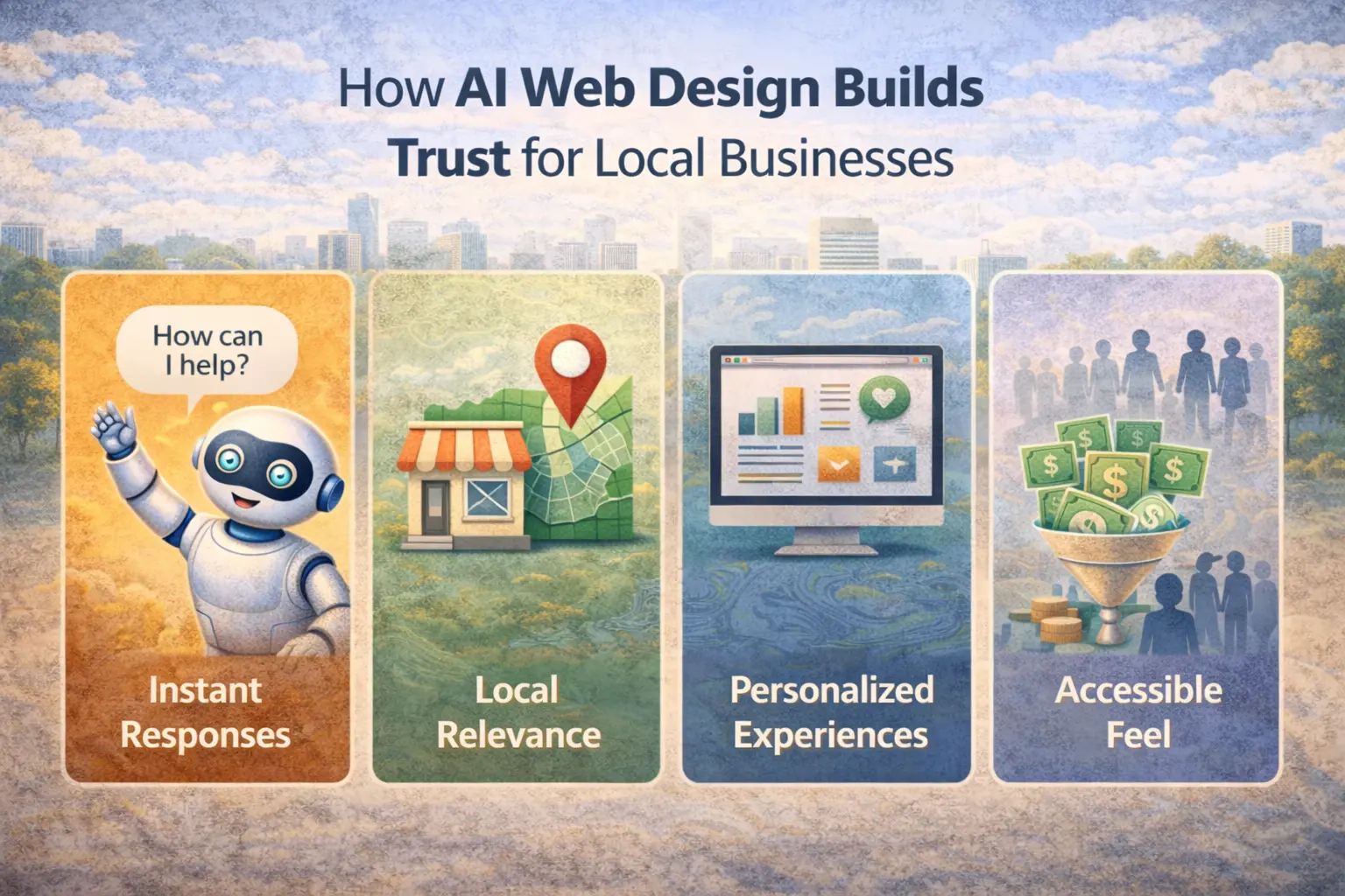 Infographic showing how AI web design builds trust for local businesses through instant responses, local relevance, personalized website experiences, and improved accessibility.