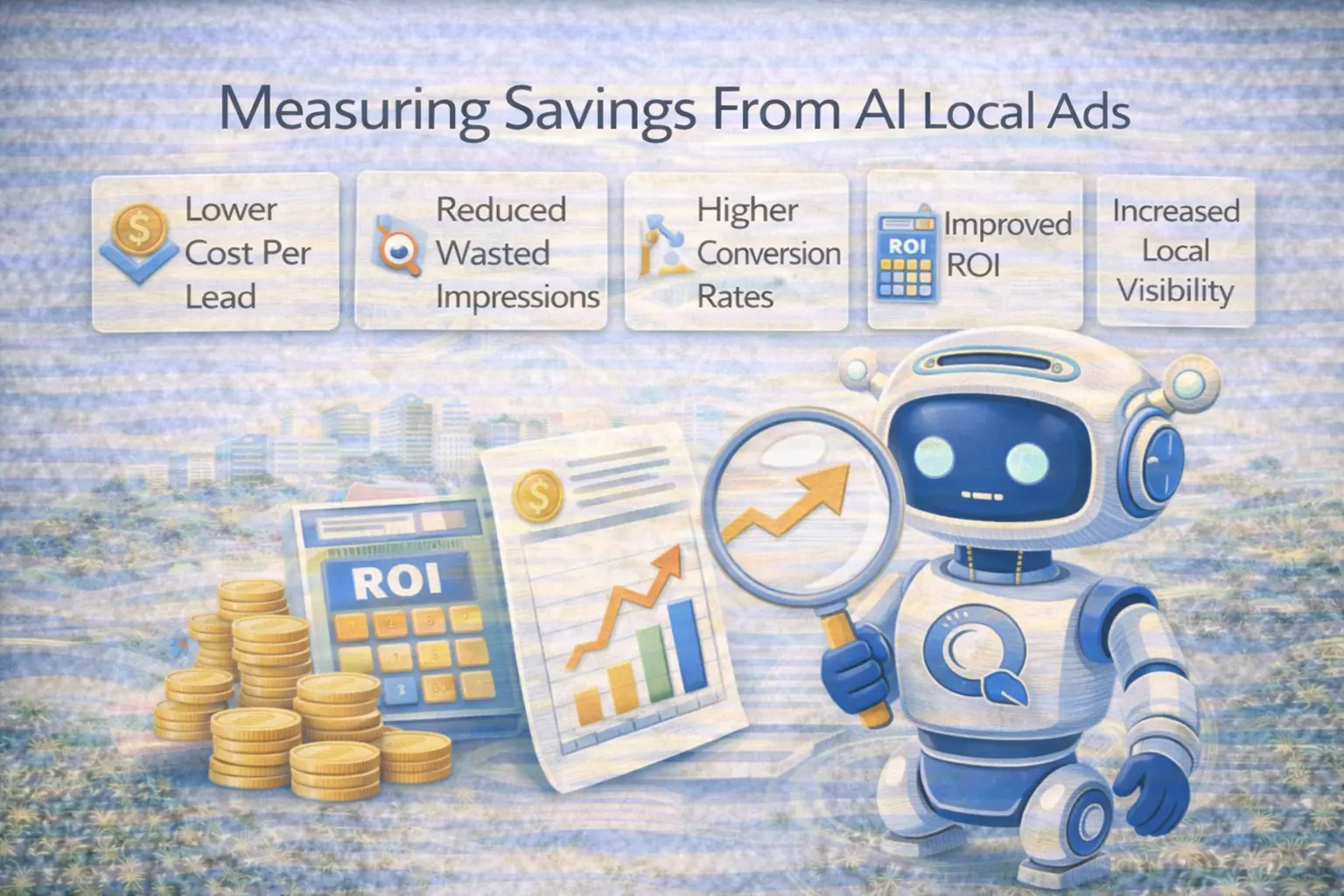 Infographic showing how AI local ads reduce costs and improve ROI through lower cost per lead, higher conversions, and increased local visibility for Altamonte Springs businesses.