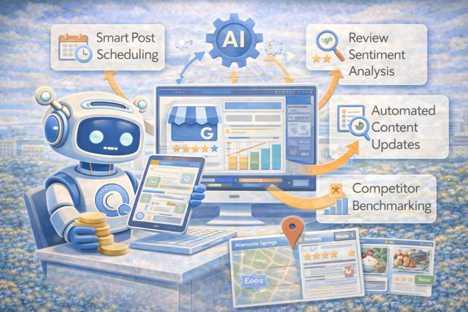 AI tools managing a Google Business Profile with smart post scheduling, review sentiment analysis, automated updates, and competitor benchmarking to boost local rankings in Altamonte Springs.