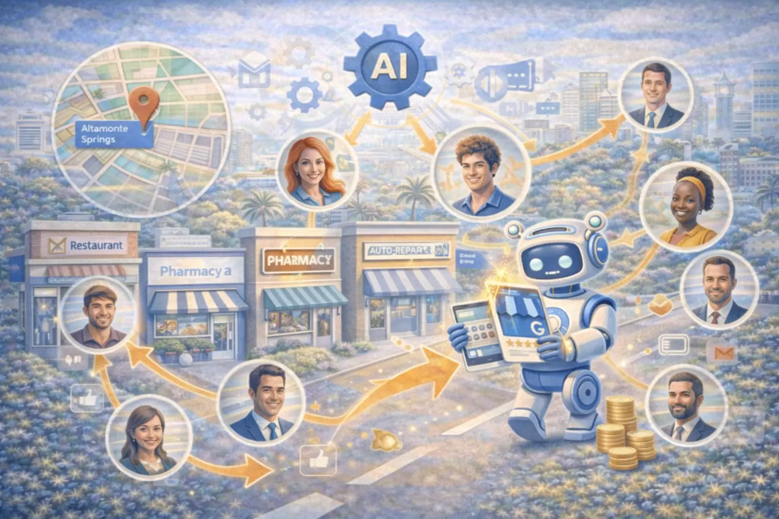 AI-powered Google Business Profile optimization connecting Altamonte Springs businesses with local customers through smart targeting, reviews, and location-based visibility.