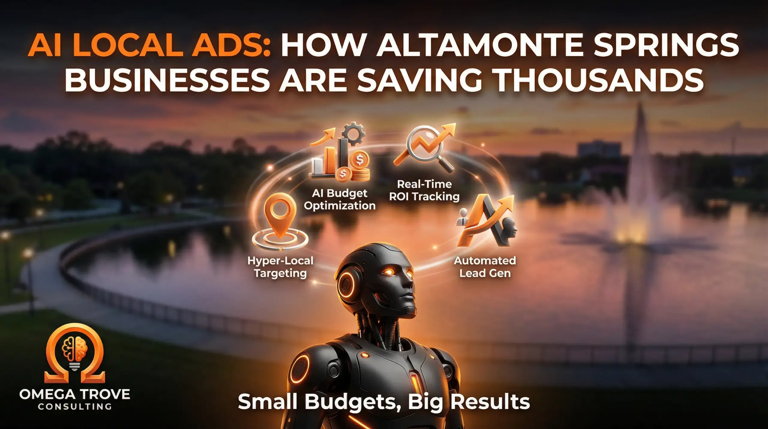 Illustration showing AI local ads helping Altamonte Springs businesses save thousands through smarter targeting, improved ROI, and better local lead generation powered by artificial intelligence.