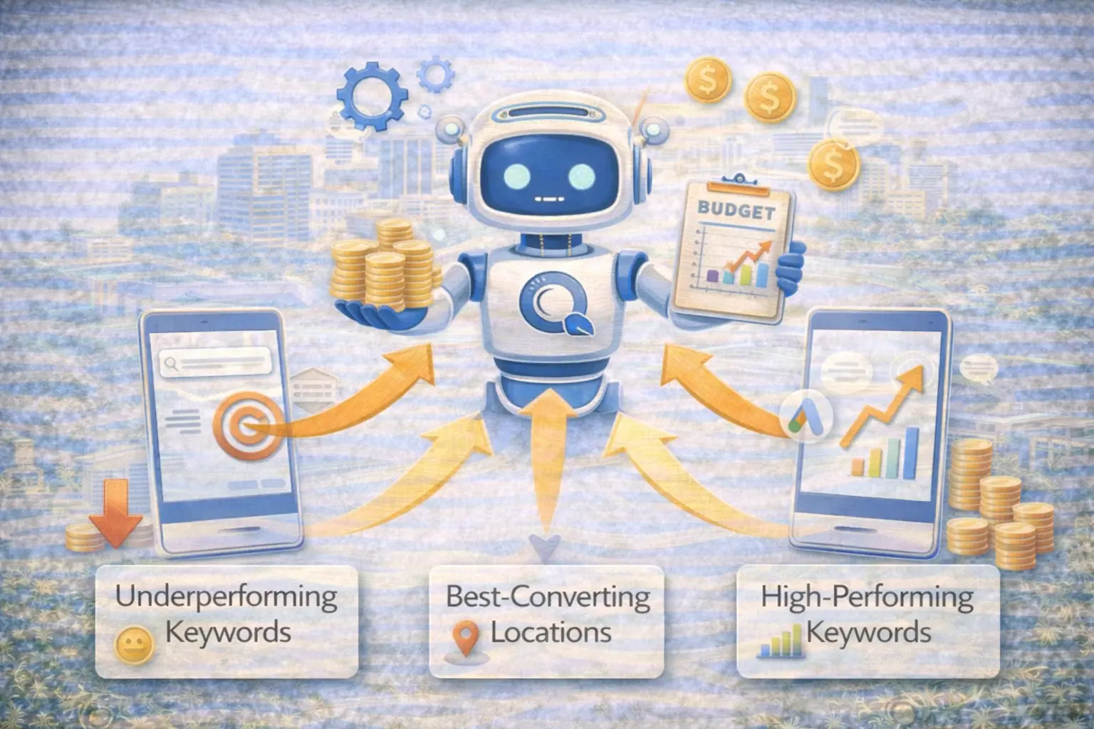 Infographic showing how AI local ads optimize budgets by reducing spend on underperforming keywords and reallocating it to high-performing keywords and best-converting locations.