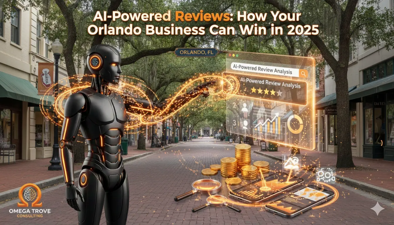 Infographic illustrating how AI-powered reviews can make or break an Orlando business in 2025 by analyzing trust signals, review patterns, and customer feedback to impact AI search visibility.