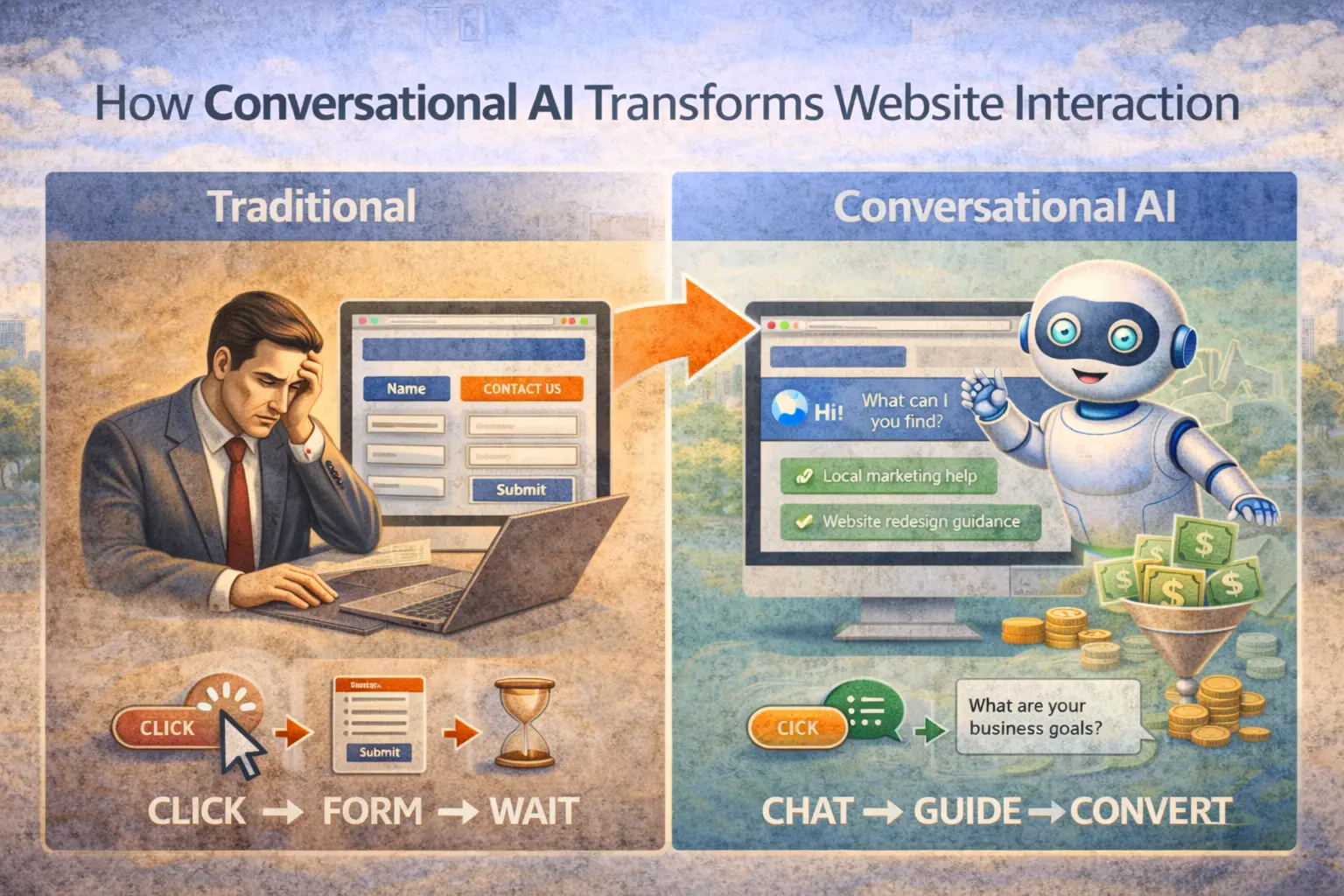 Comparison image showing traditional website interactions that rely on forms and waiting versus conversational AI websites that chat with visitors, guide decisions, and convert traffic into leads.