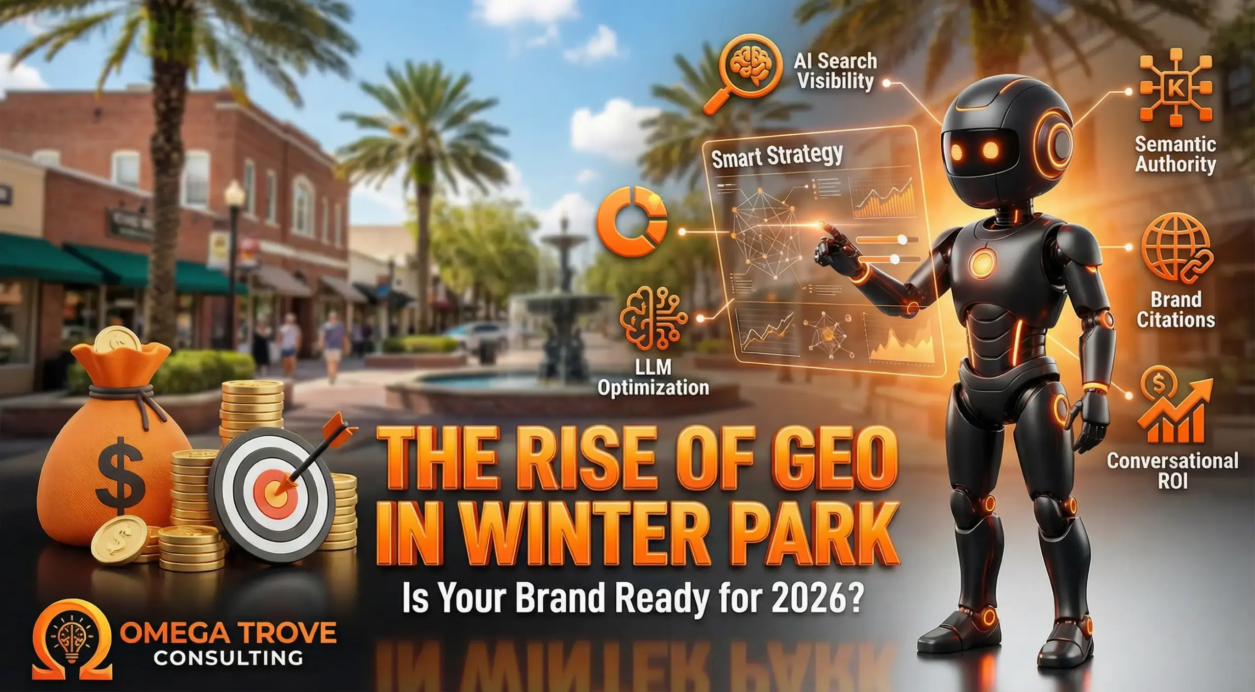 Feature image illustrating Generative Engine Optimization (GEO) in Winter Park, showing AI search platforms citing local businesses and highlighting trust-driven visibility in AI-generated search results.