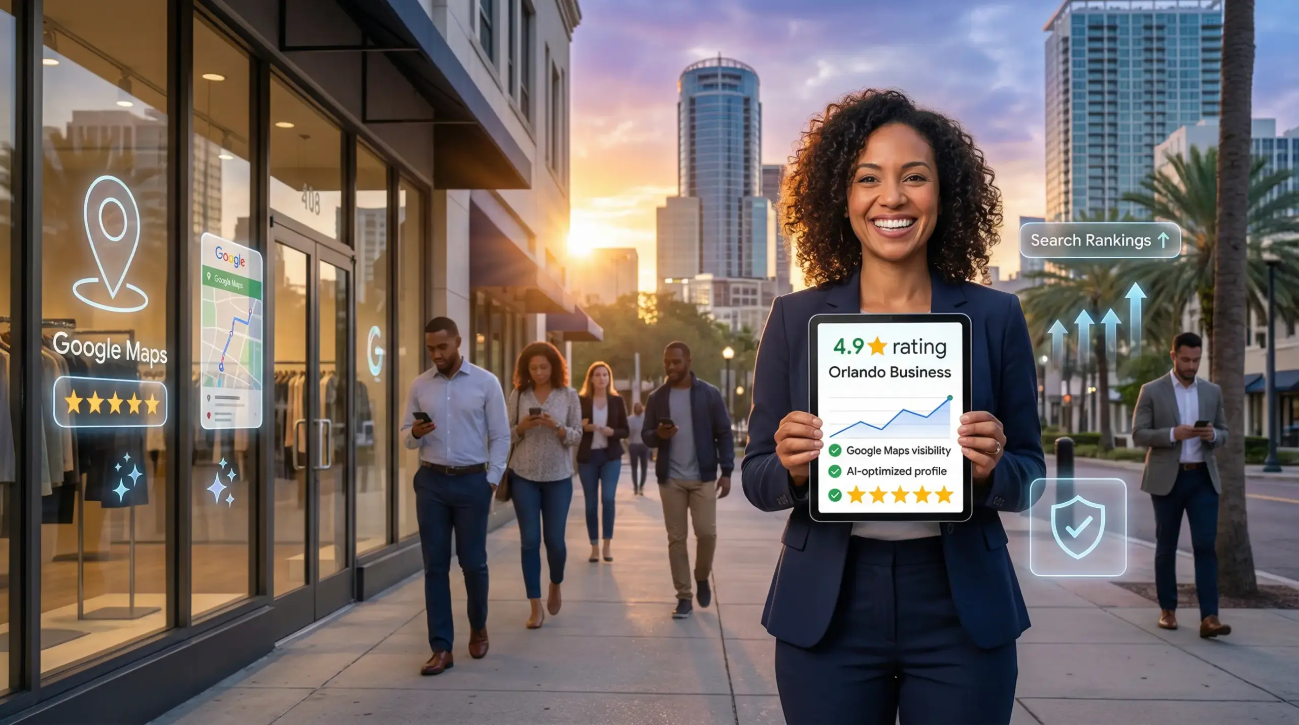 Illustration showing local SEO and AI readiness for Orlando businesses, featuring Google Maps visibility, AI-driven search results, local ranking growth, and Orlando skyline landmarks.