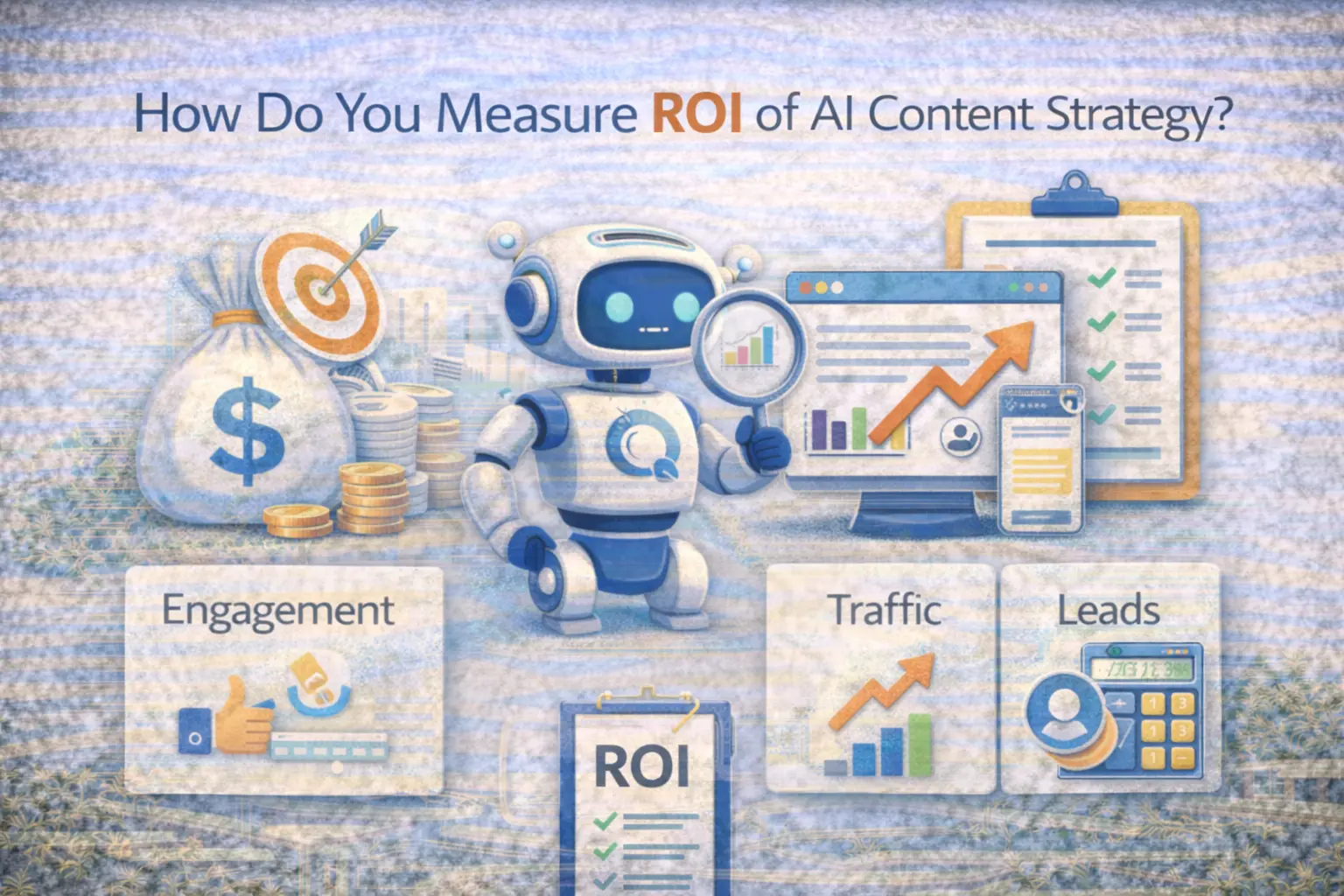 Infographic showing how to measure ROI of AI-driven content strategy using engagement metrics, traffic growth, lead generation, and performance analytics to track content success.