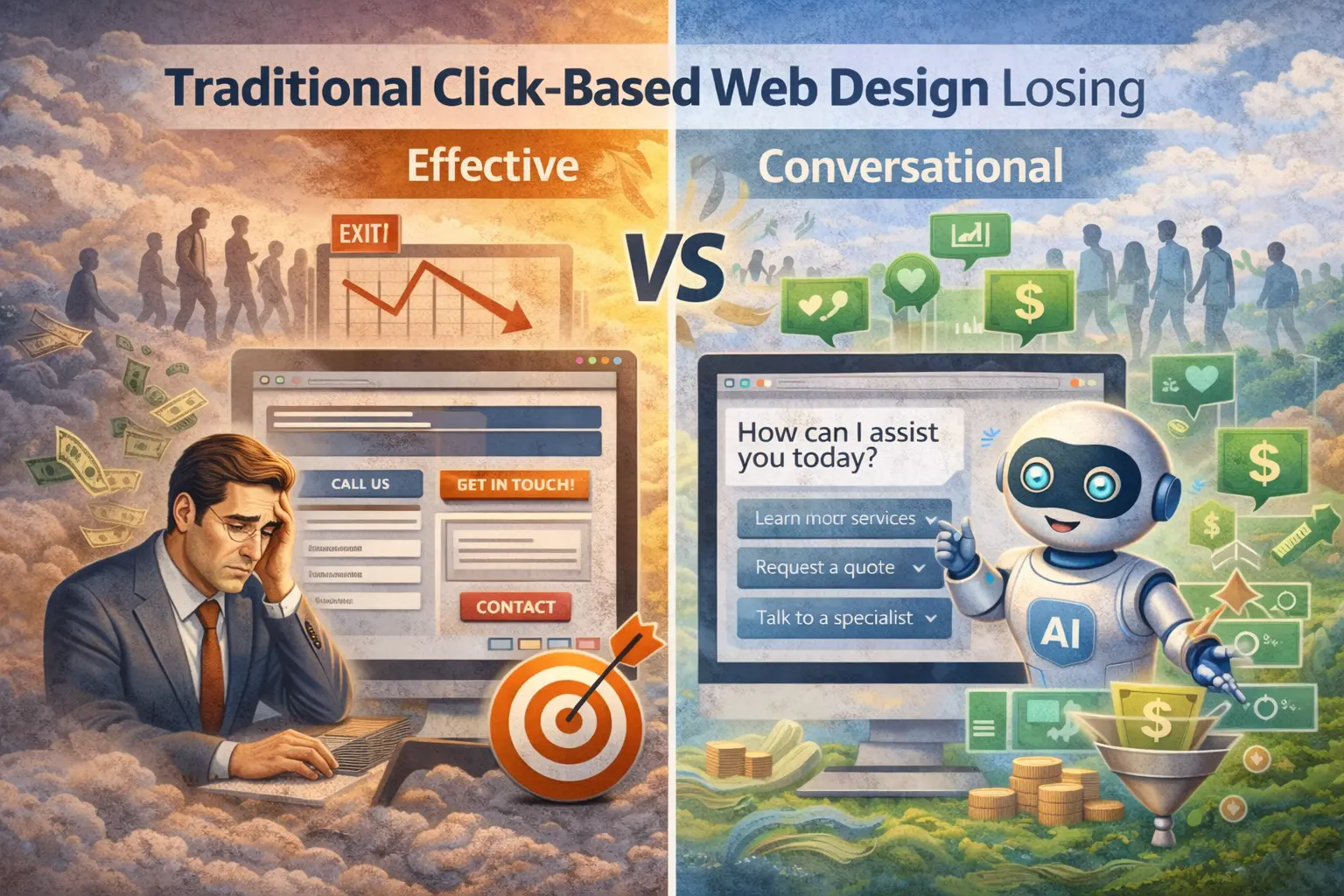 Comparison image showing traditional click-based web design losing effectiveness versus AI-powered conversational web design that engages visitors and converts traffic into leads.