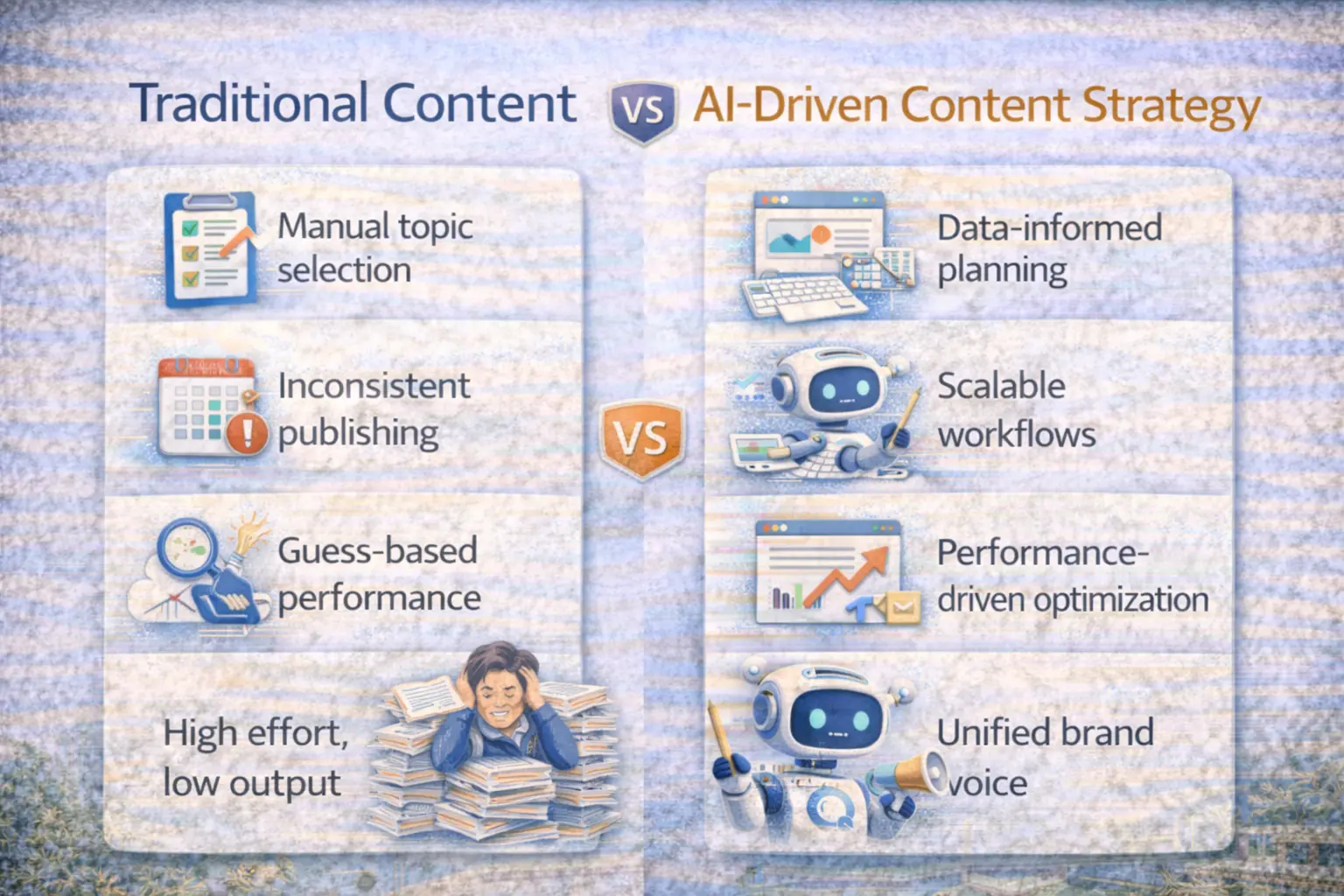 Infographic comparing traditional content marketing with AI-driven content strategy, showing how AI enables data-informed planning, scalable workflows, performance optimization, and a unified brand voice.