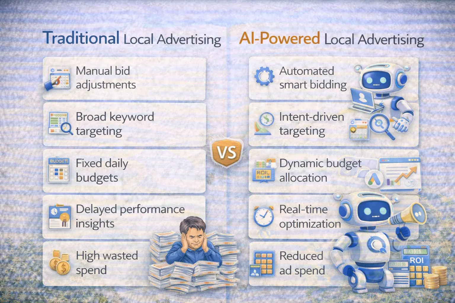 Infographic comparing traditional local advertising with AI-powered local advertising, highlighting reduced ad spend, smarter targeting, real-time optimization, and higher ROI for local businesses.