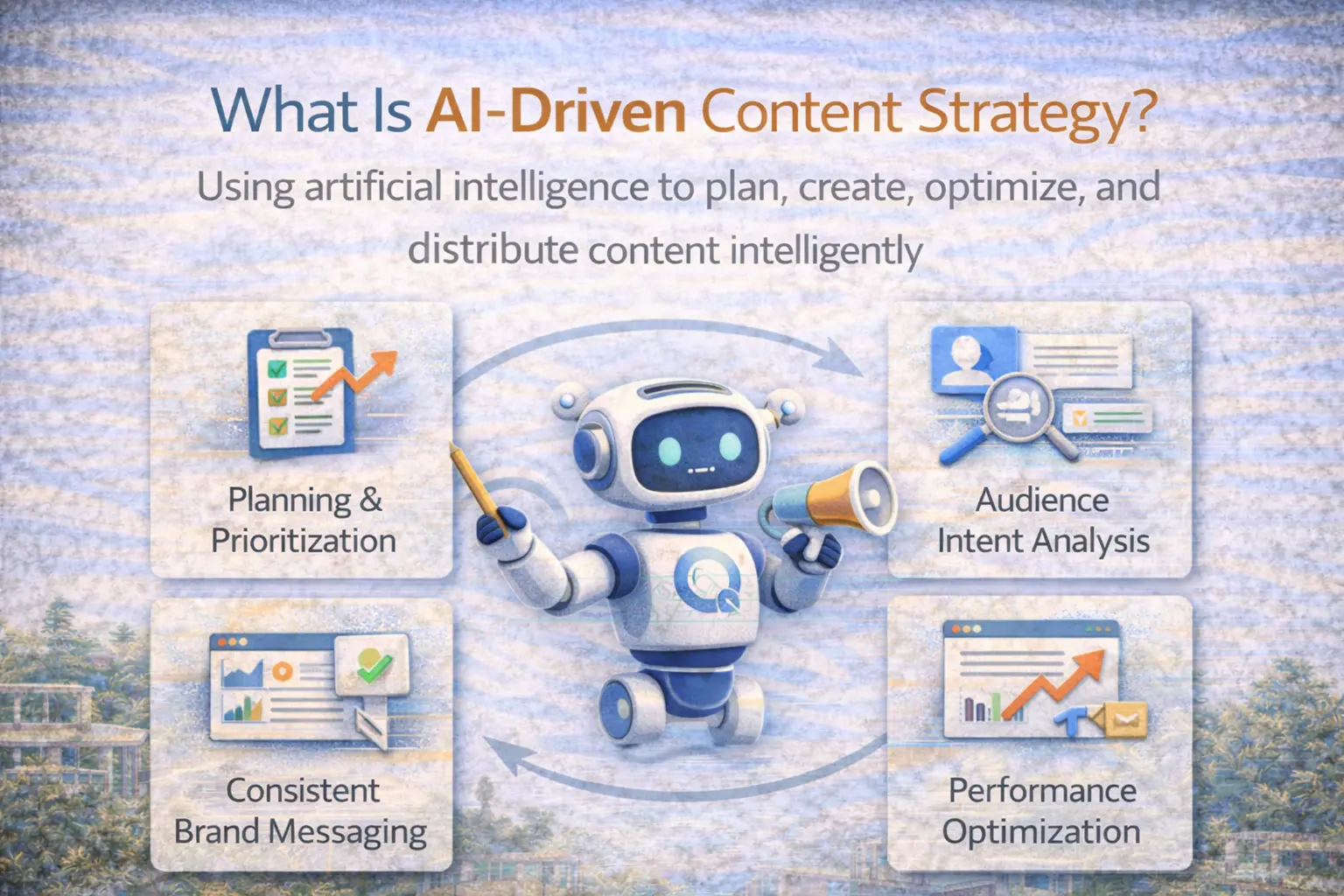 Infographic explaining what AI-driven content strategy is, showing how AI supports content planning, audience intent analysis, consistent brand messaging, and performance optimization.