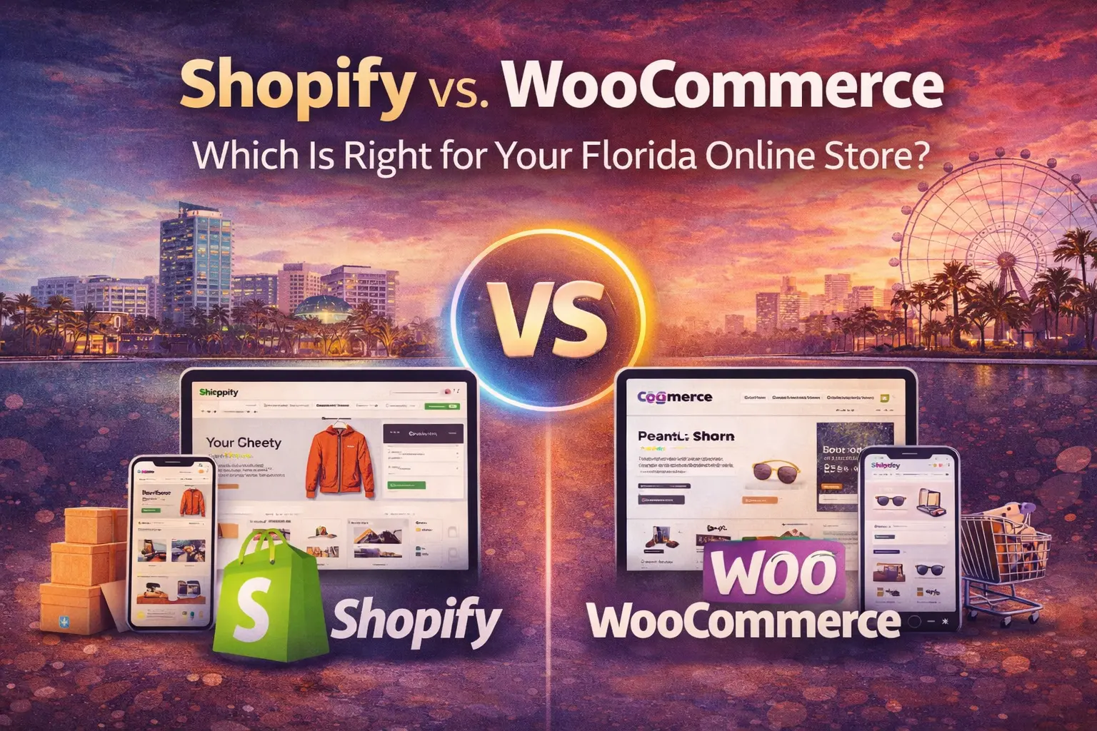 Shopify vs WooCommerce comparison image for Florida online stores choosing the best eCommerce platform in 2026