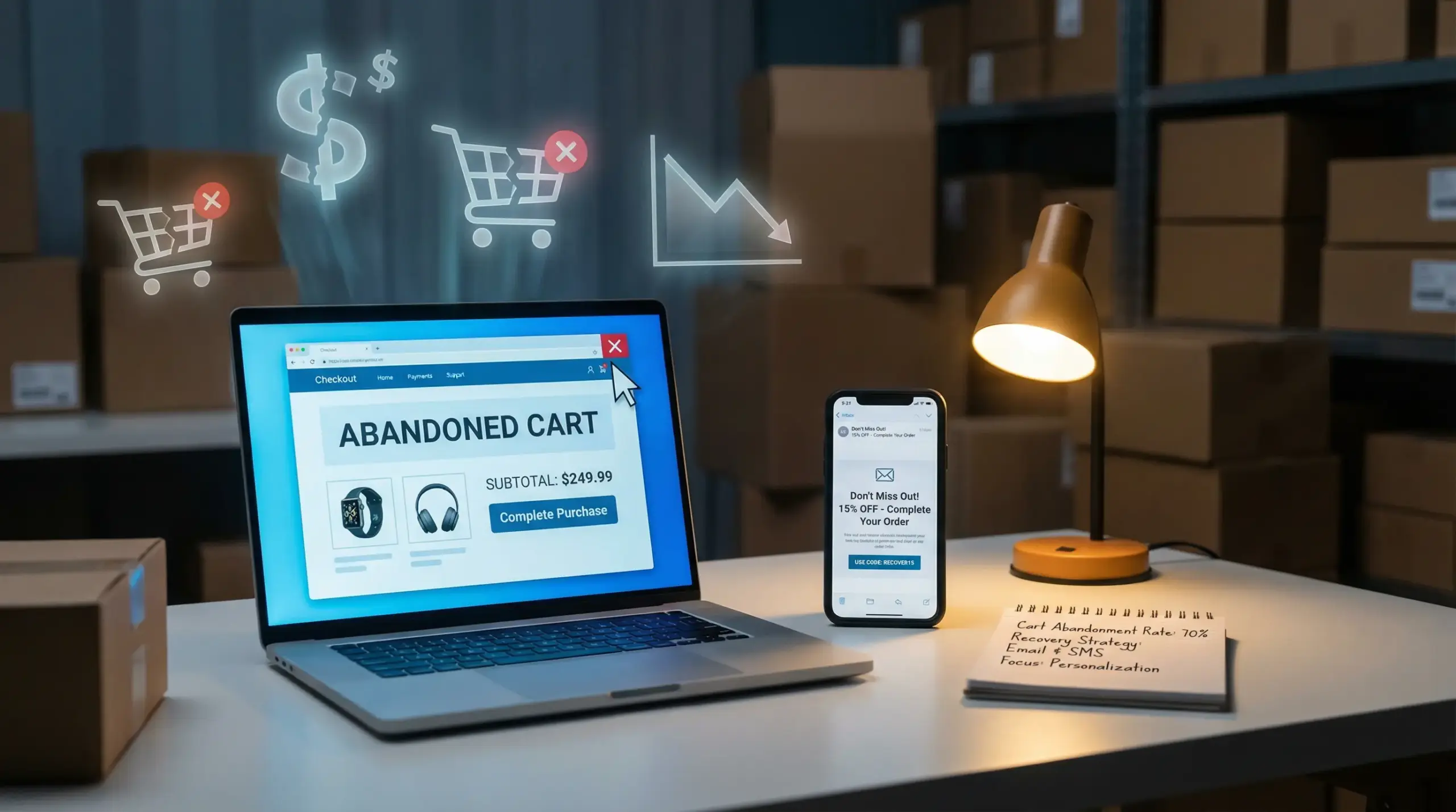 Illustration showing ecommerce cart abandonment and lost revenue as shoppers leave checkout before completing a purchase in 2025