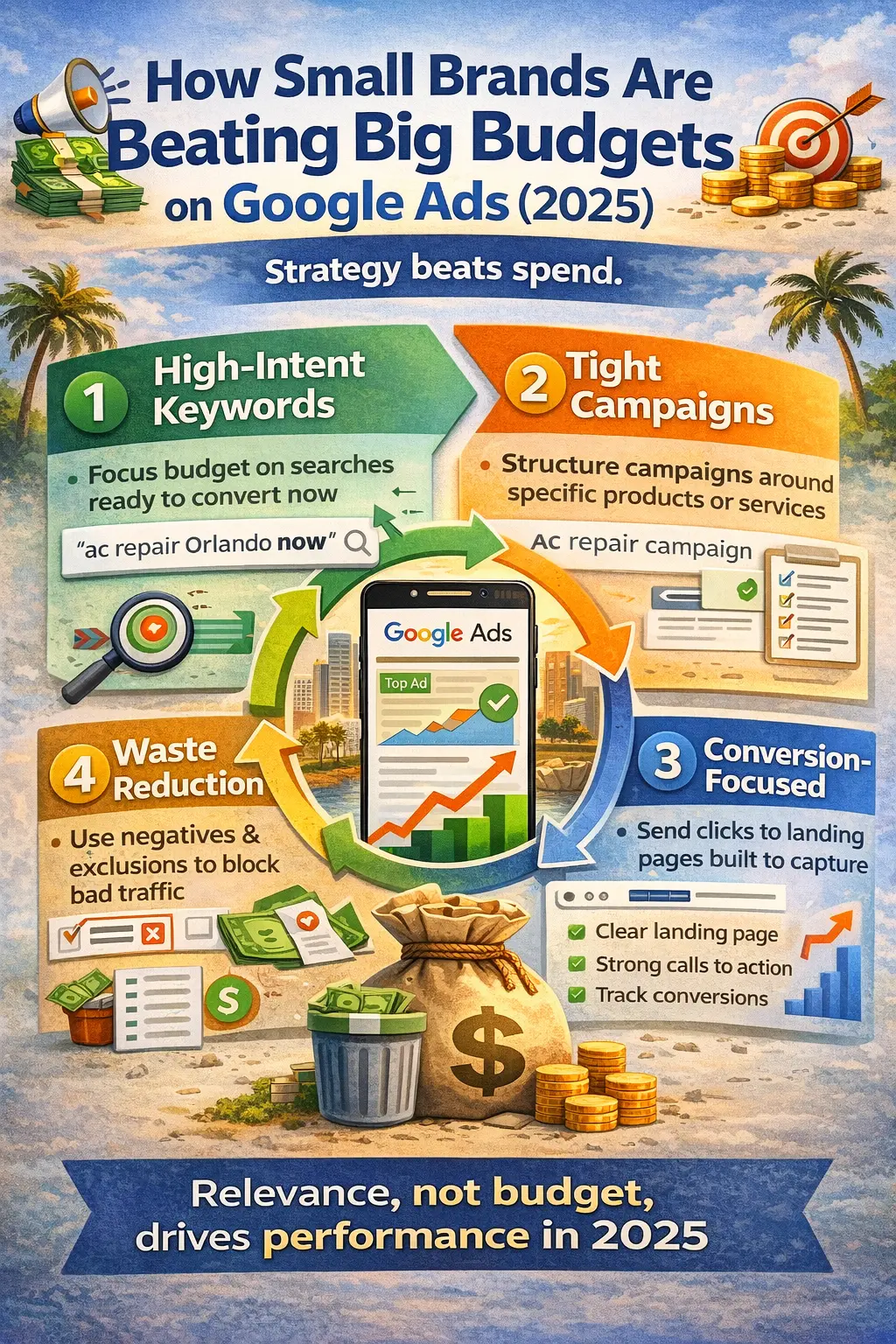 Infographic explaining how small businesses beat big budgets on Google Ads in 2025 using high-intent keywords, tight campaign structure, conversion-focused landing pages, and waste reduction to drive performance.