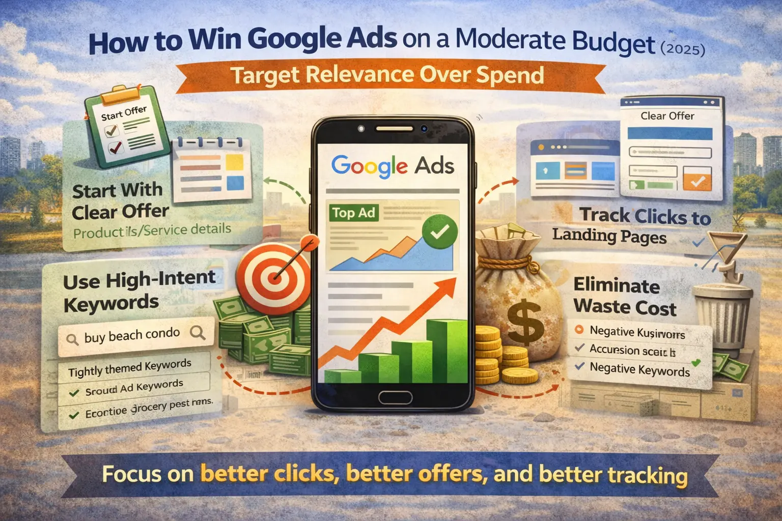Infographic explaining how to win Google Ads on a moderate budget in 2025 by focusing on clear offers, high-intent keywords, conversion tracking, and eliminating wasted ad spend. 