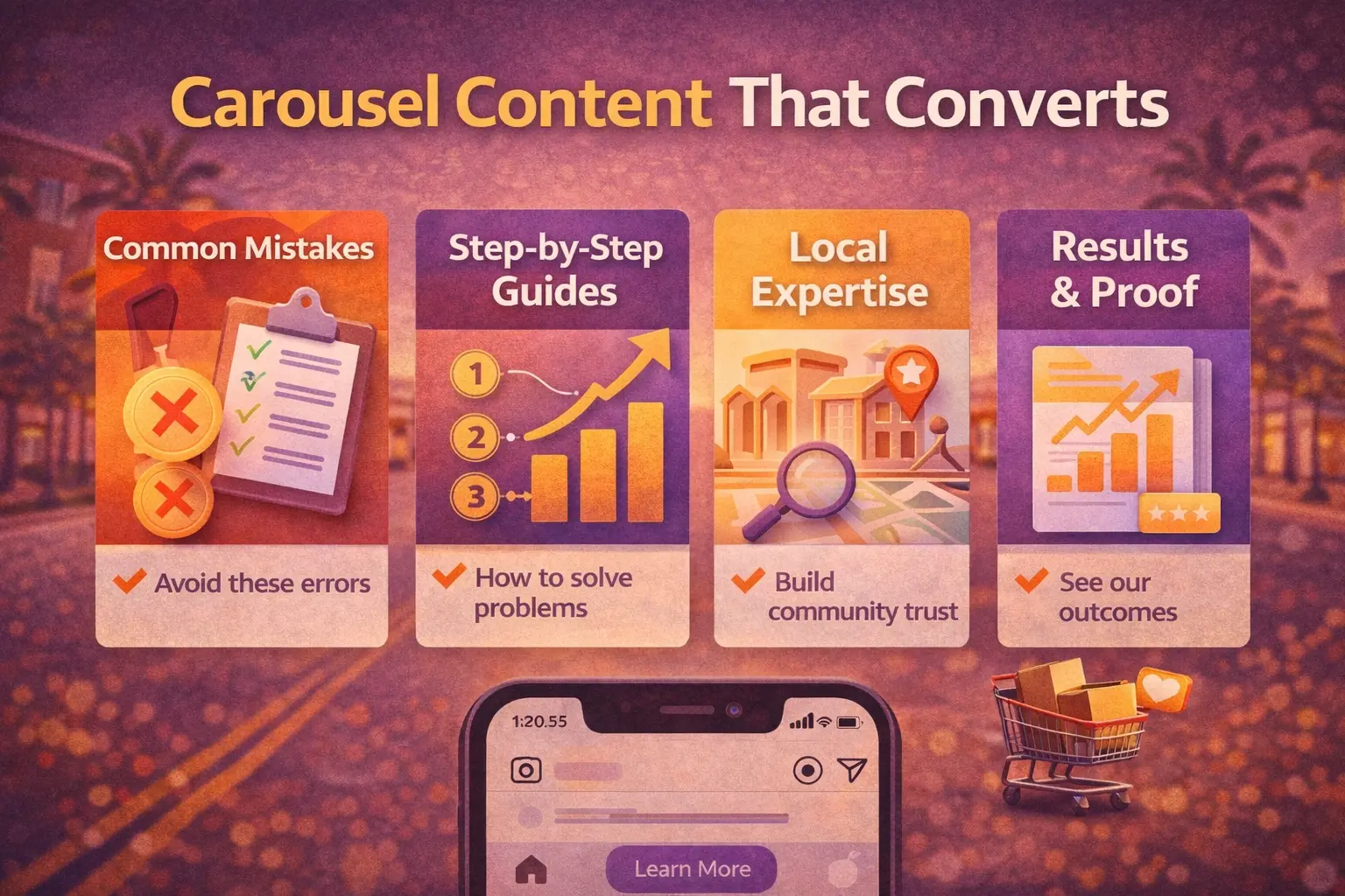 Infographic showing the types of Instagram carousel content that convert best, including educational guides, local expertise, and results-driven posts