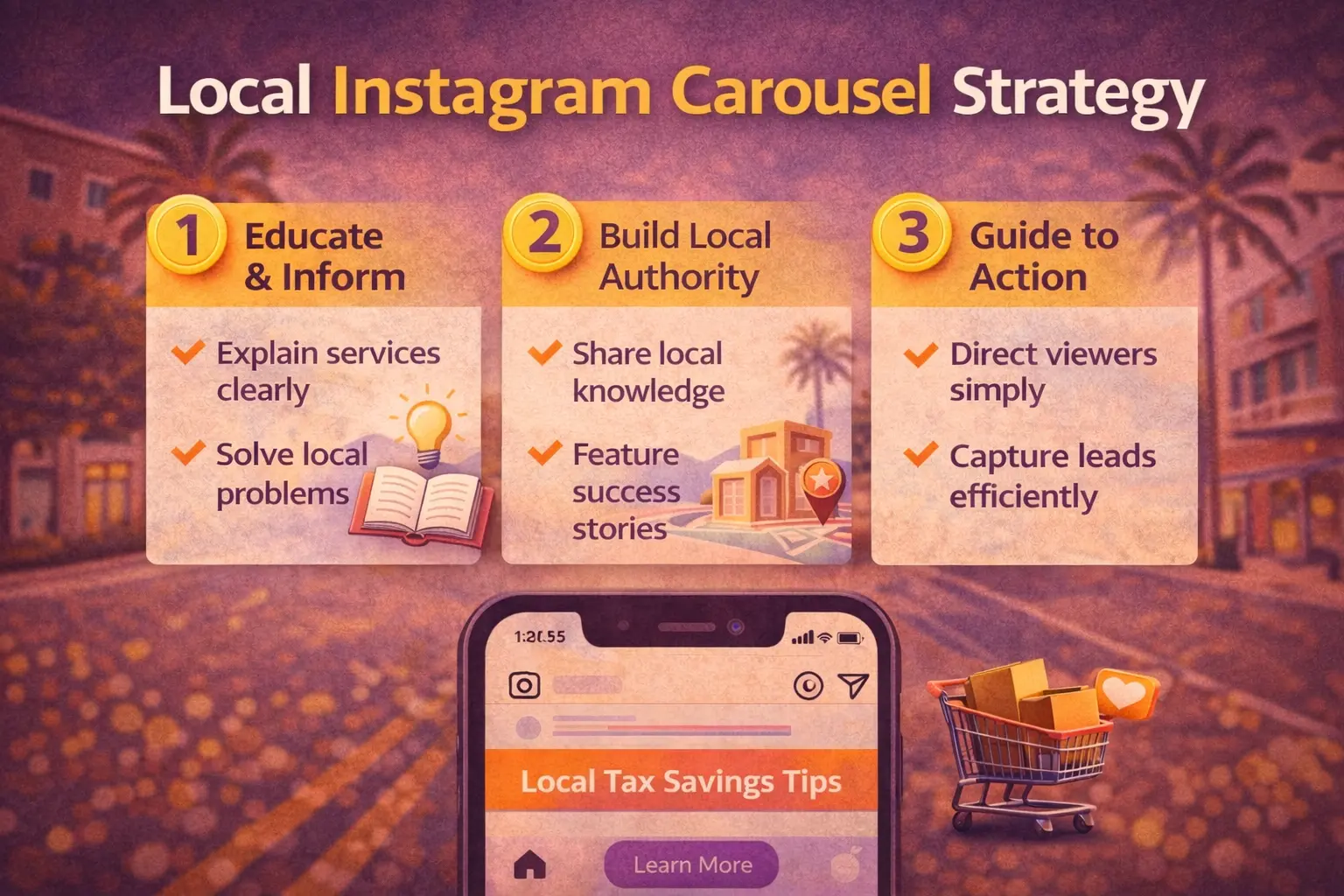 Infographic outlining a local Instagram carousel strategy framework to help Altamonte Springs brands educate audiences, build authority, and drive conversions