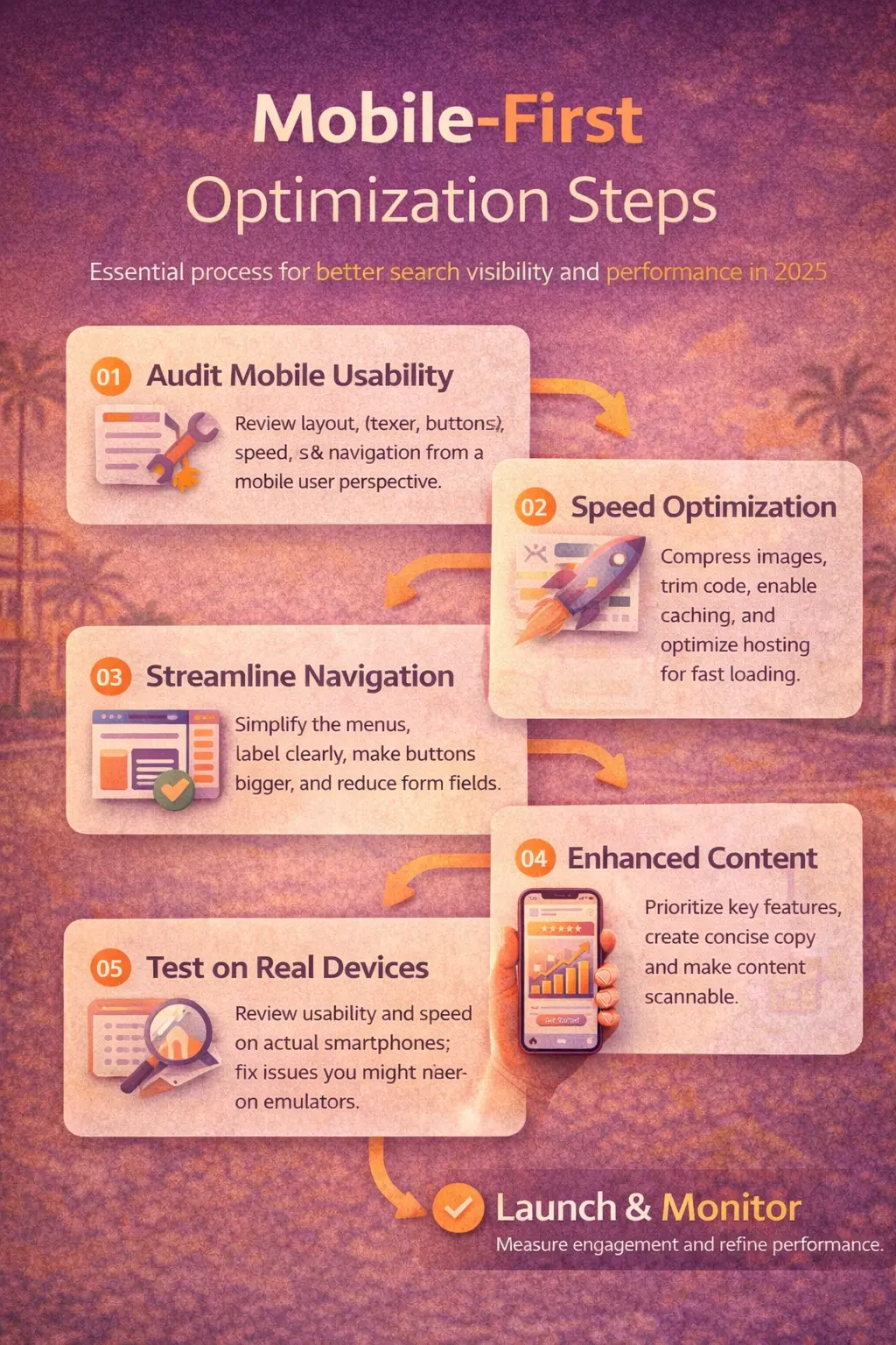 Infographic showing a mobile-first optimization framework with steps to improve website usability, speed, and performance on mobile devices