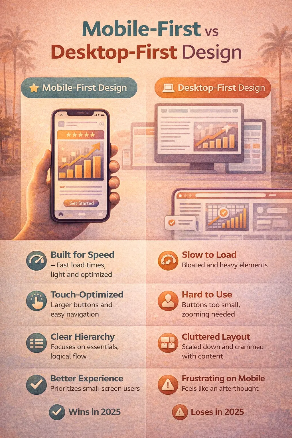 Infographic comparing mobile-first design vs desktop-first design and showing why mobile-first websites perform better on small screens in 2025