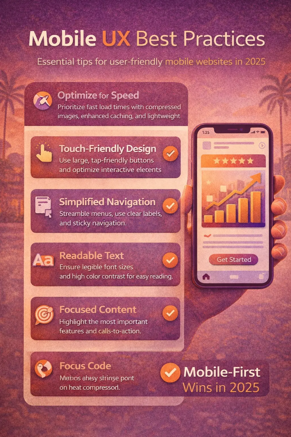 Infographic showing mobile UX best practices in 2025, including touch-friendly design, fast load times, and simplified mobile navigation