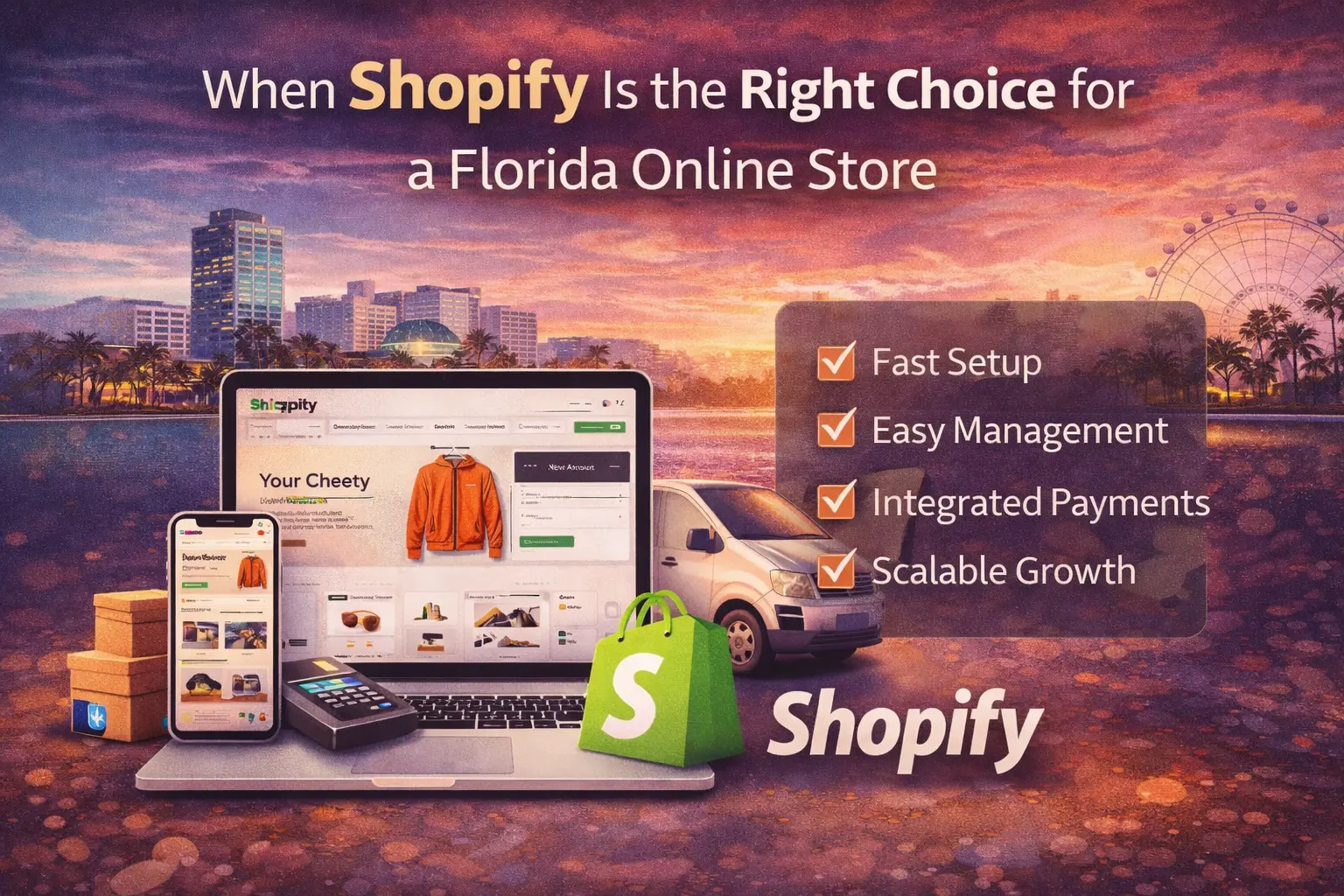 Infographic showing when Shopify is the right eCommerce platform for Florida online stores focused on fast setup and scalable growth