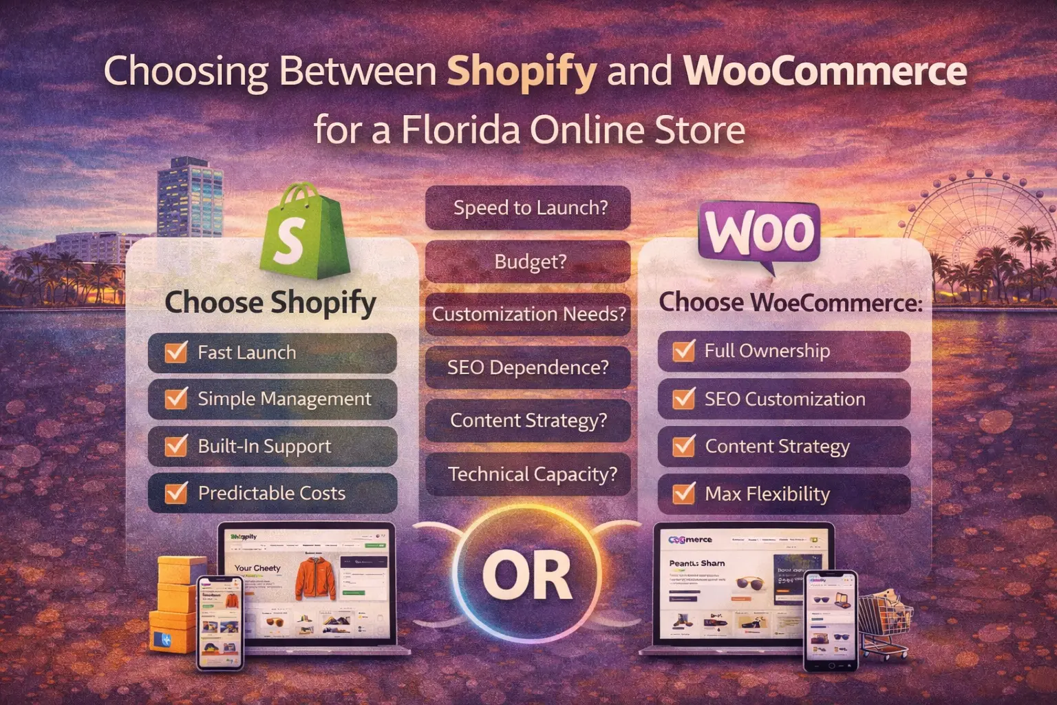 Infographic helping Florida online store owners decide between Shopify and WooCommerce based on growth goals, SEO needs, and technical capacity 