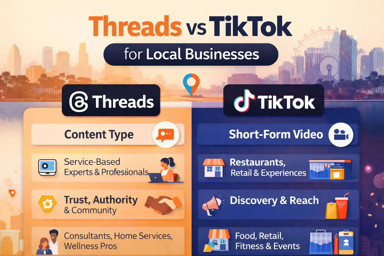 Infographic comparing Threads vs TikTok for local businesses in Central Florida and how each platform supports visibility and growth