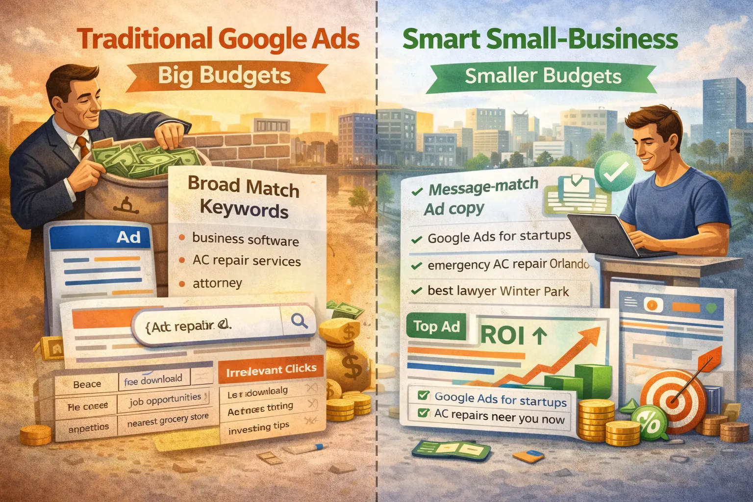 Comparison image showing traditional Google Ads with big budgets and broad keywords versus smart small-business Google Ads using message-matched keywords, local intent, and higher ROI in 2025.