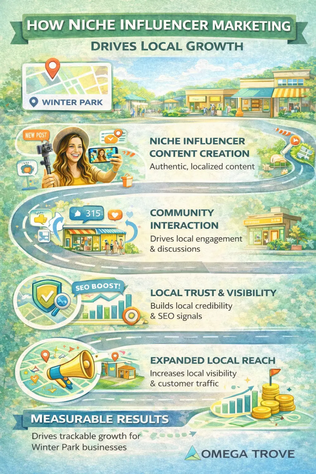 Infographic showing a Winter Park niche influencer creating content for a local business, highlighting community trust, local engagement, and niche influencer marketing impact.