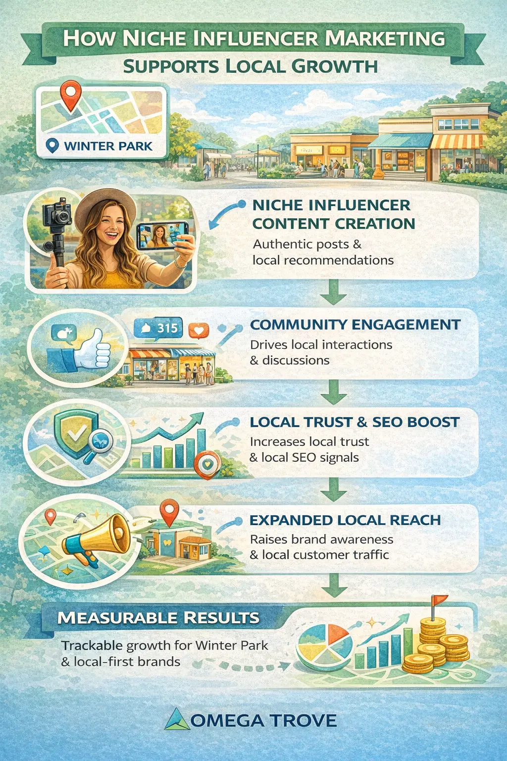 Infographic mapping how niche influencer marketing drives local growth in Winter Park, from content creation and community engagement to trust, visibility, expanded reach, and measurable results.
