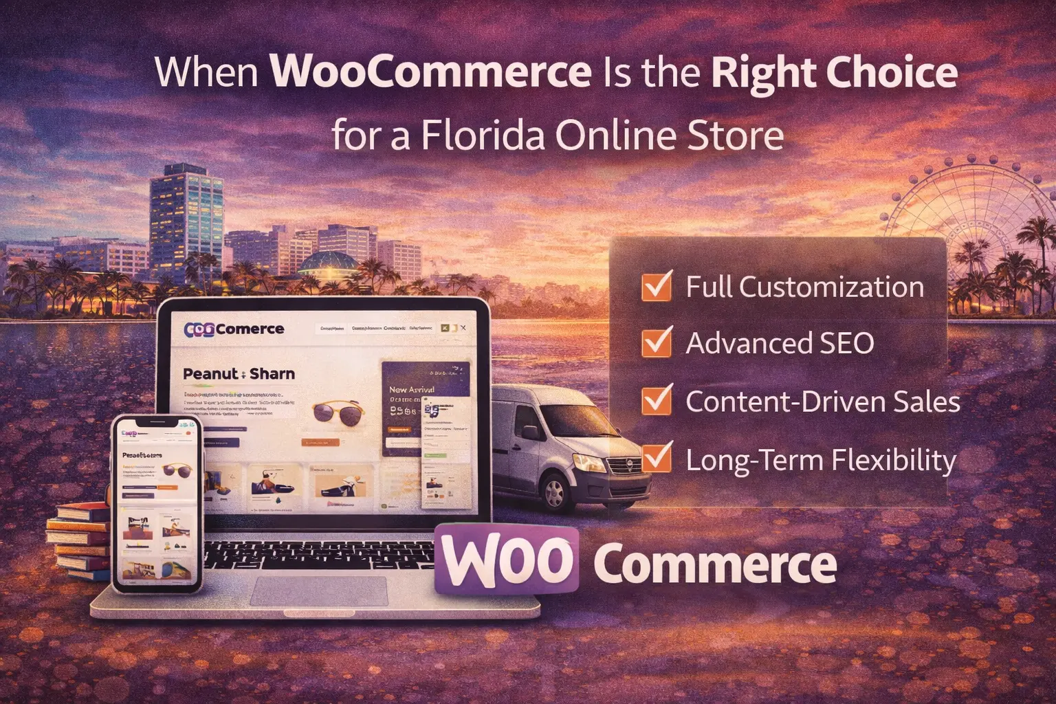Infographic showing when WooCommerce is the right eCommerce platform for Florida online stores focused on SEO, customization, and long-term flexibility