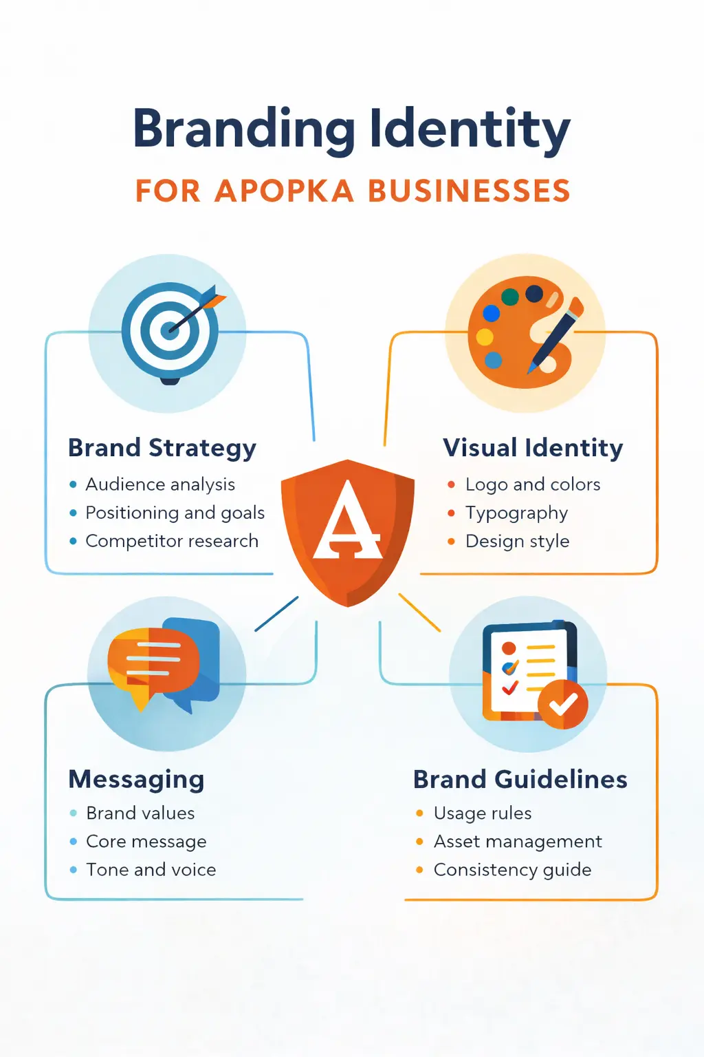 Branding identity Apopka infographic explaining brand strategy and visual identity components