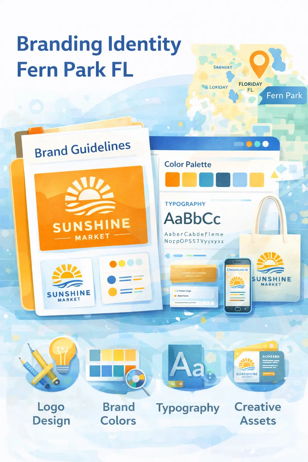  Branding identity Fern Park FL infographic showing logo design, brand colors, typography, and creative assets