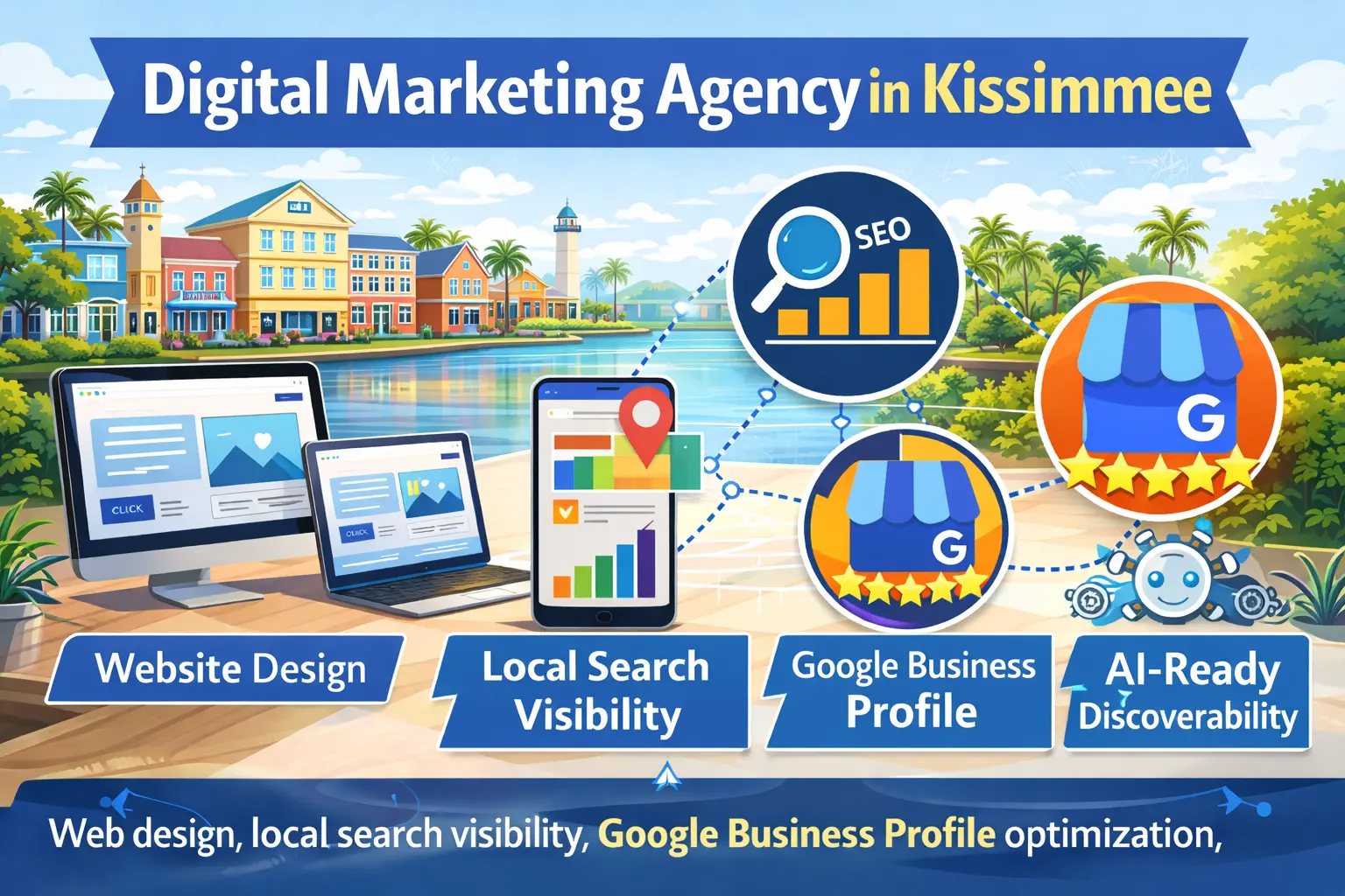 Infographic explaining how a digital marketing agency in Kissimmee helps local businesses improve website structure, Google Business Profile visibility, local search performance, and AI-ready discoverability.