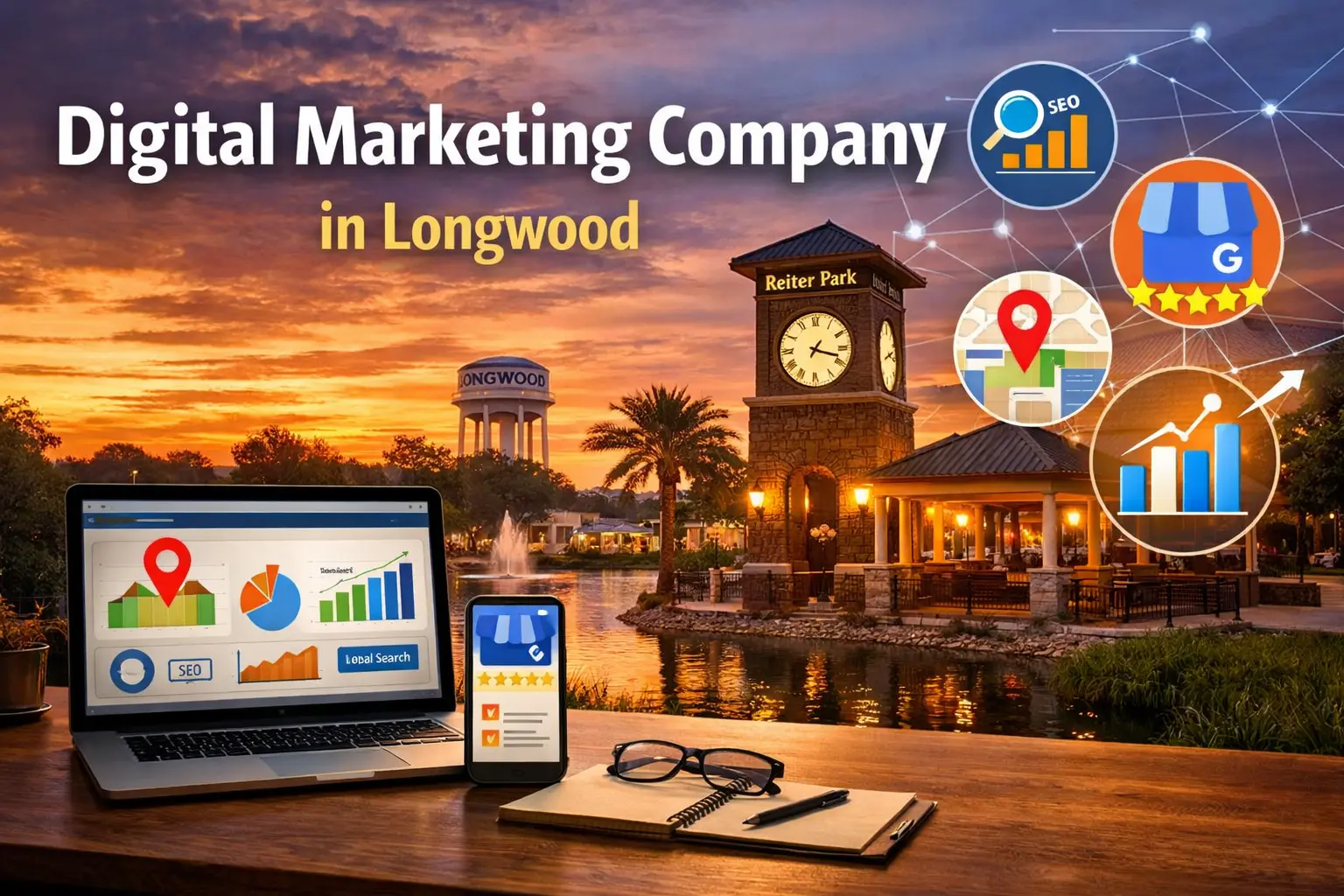 Banner image representing a digital marketing company in Longwood focused on website structure, local search visibility, Google Business Profile optimization, and AI-ready discoverability for local businesses.