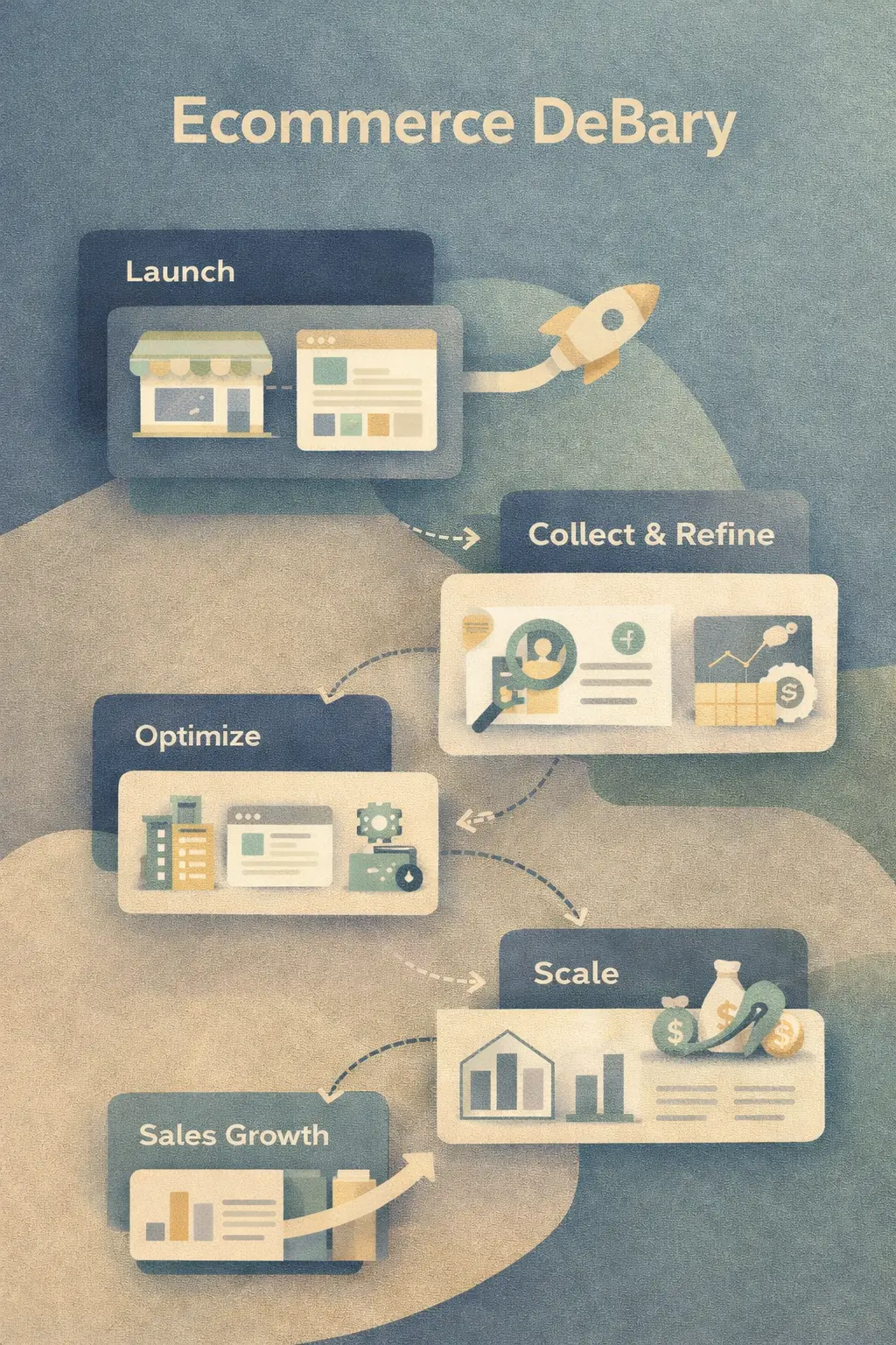 Ecommerce DeBary infographic showing online store architecture, checkout flow, and product structure.