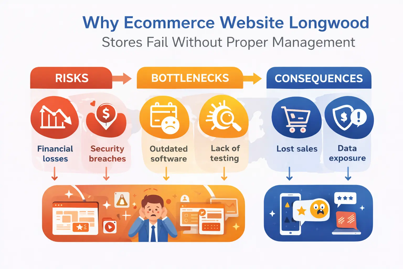 Ecommerce website Longwood infographic explaining risks of poor online store management and scalability failures.