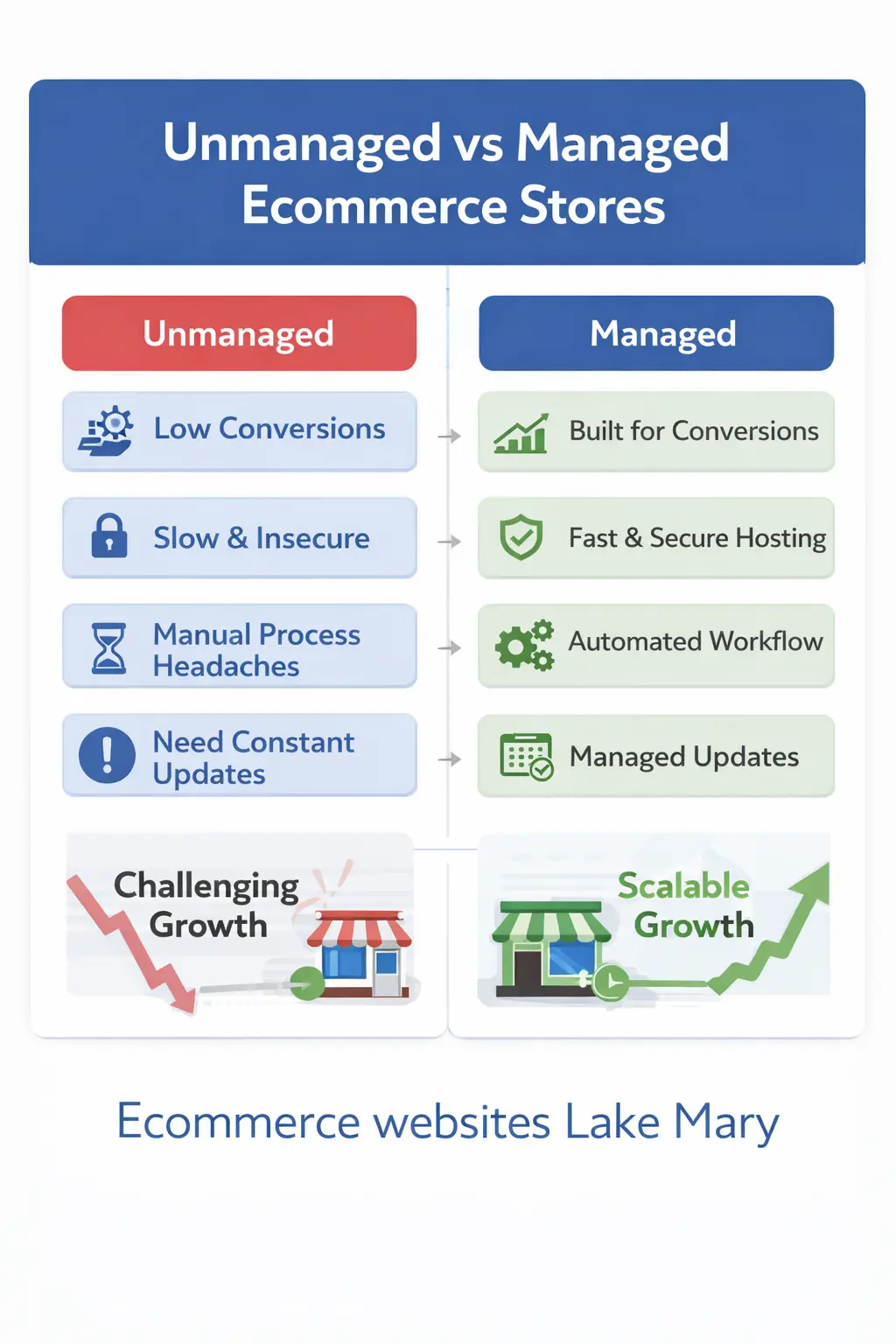 Ecommerce websites Lake Mary comparison infographic of unmanaged versus managed online stores