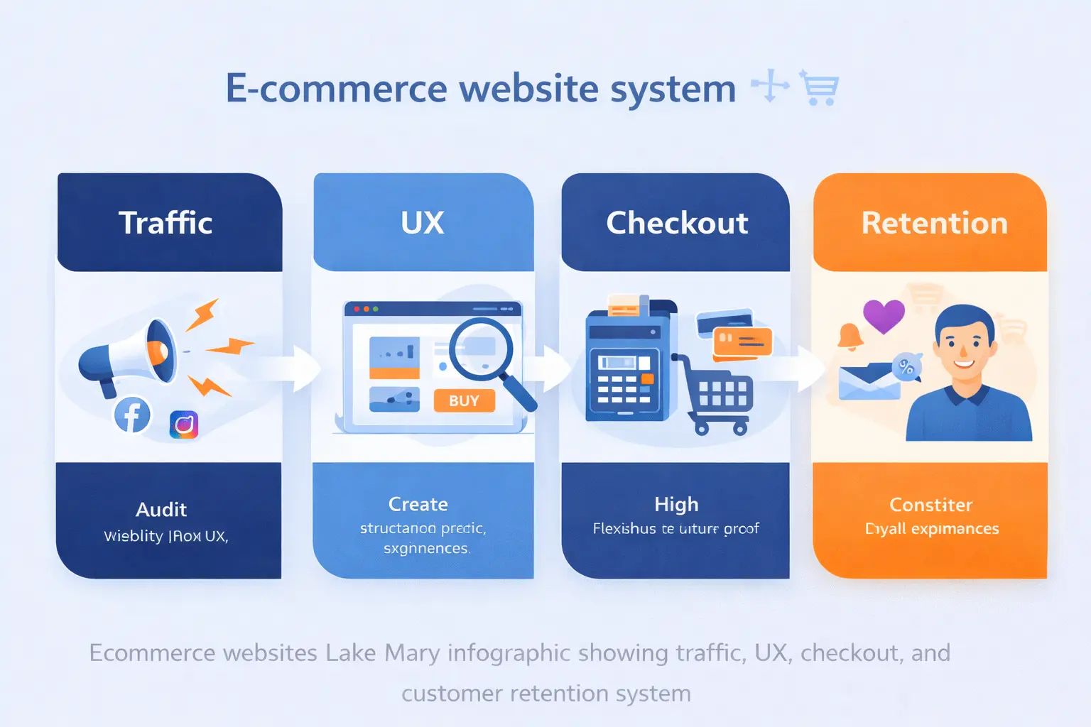 Ecommerce websites Lake Mary infographic showing traffic, UX, checkout, and retention system