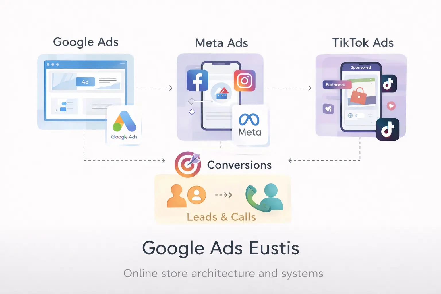 Google Ads Eustis infographic showing a paid advertising system driving calls and leads