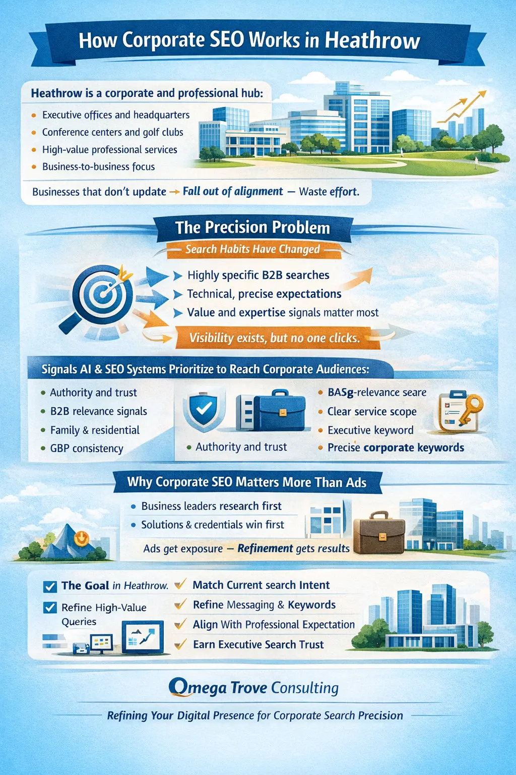 Infographic explaining how corporate digital marketing works in Heathrow, showing credibility signals, decision-maker evaluation, professional website structure, and how businesses pass corporate gatekeeping filters in office-park markets.