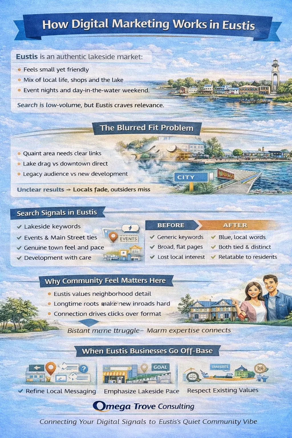 Infographic explaining how digital marketing works in Eustis, focusing on legacy market perception, modernization of online presence, updated service clarity, and how businesses overcome outdated digital assumptions to improve visibility.