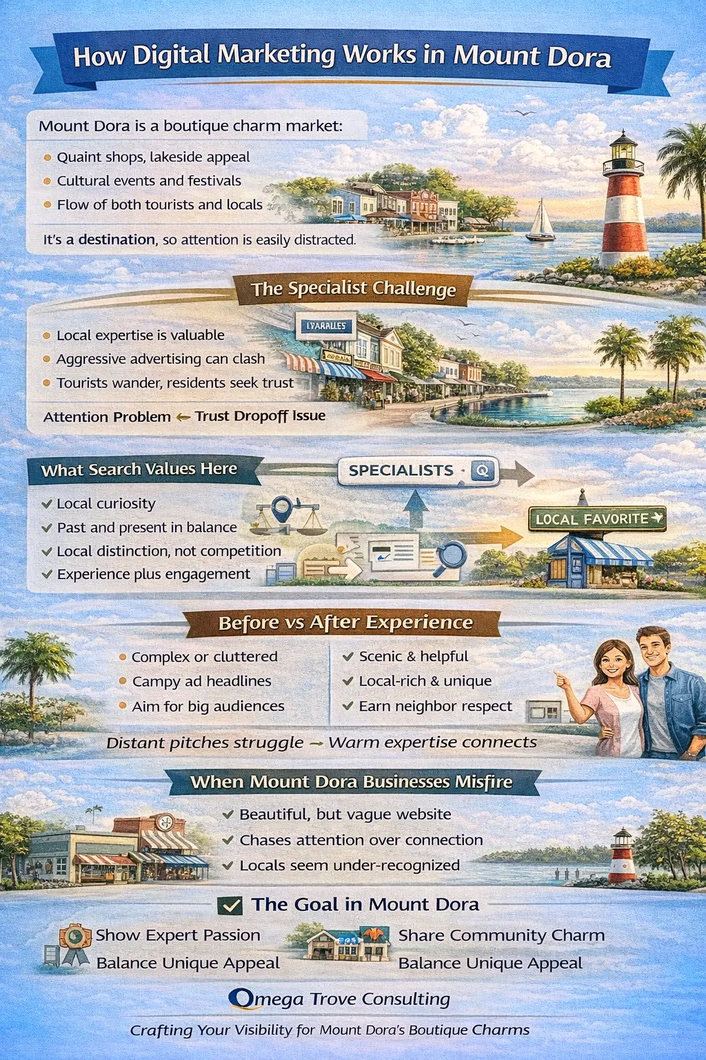 Infographic explaining how digital marketing works in Mount Dora, focusing on experience-driven versus utility-driven search intent, tourism and cultural influence, intent misclassification, and how businesses align their online presence with how people search in historic markets.