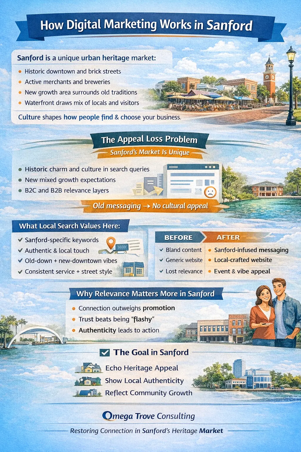 Infographic explaining how digital marketing works in Sanford, highlighting mixed-use search intent, historic core versus redevelopment areas, audience fragmentation, and how businesses unify visibility across different local search behaviors.