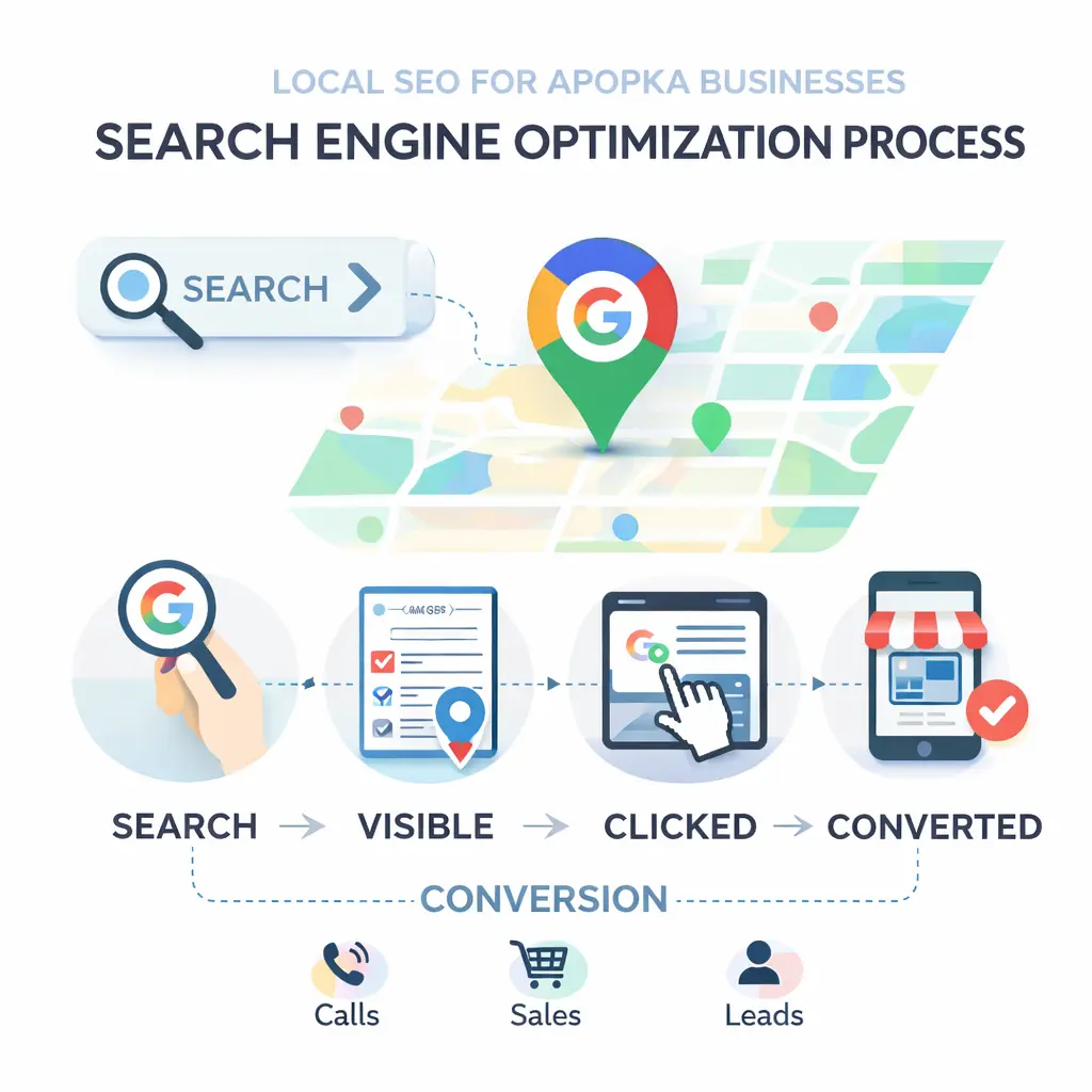 Search engine optimization Apopka process infographic for local business visibility