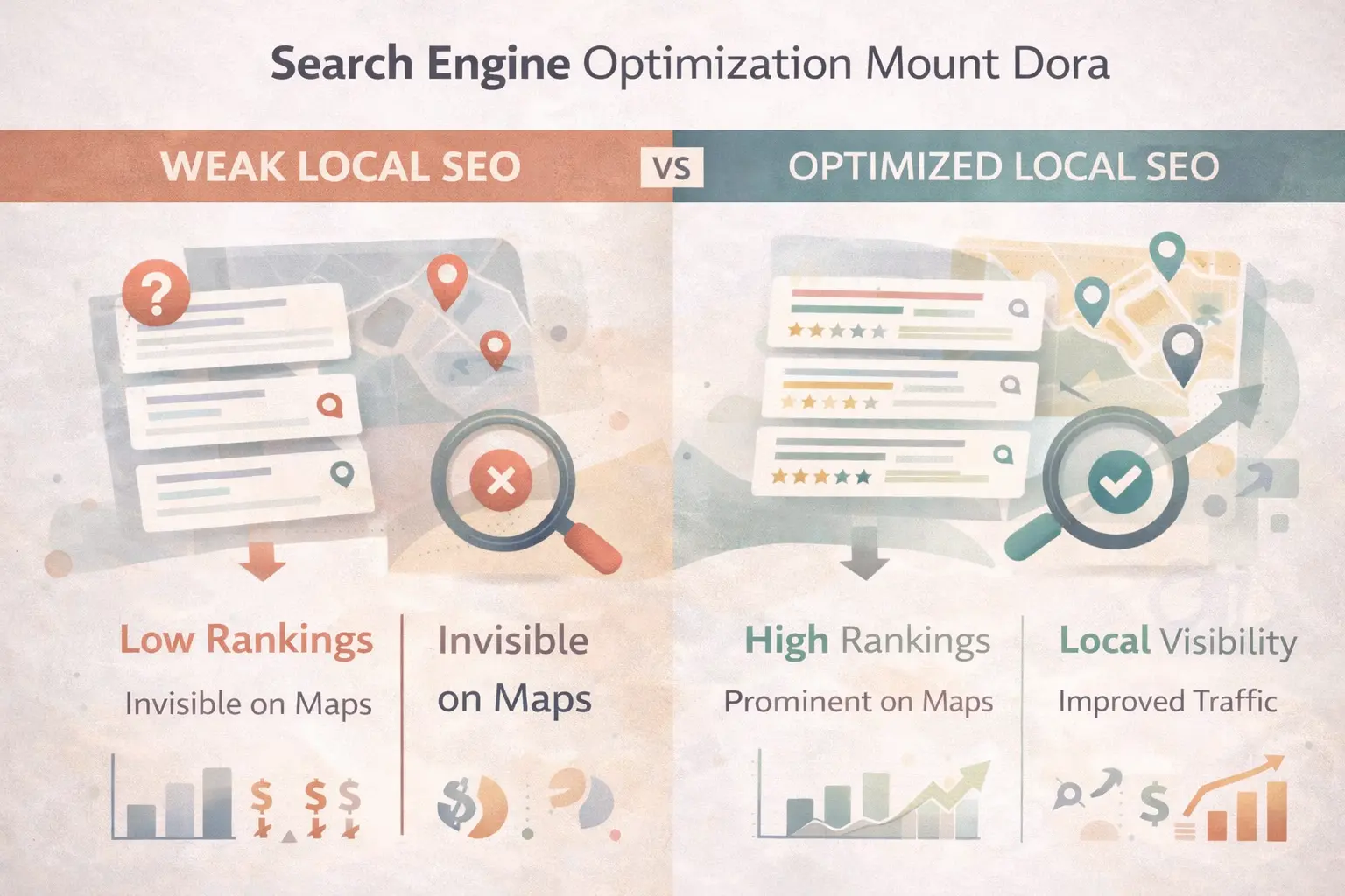 Search Engine Optimization Mount Dora infographic comparing weak and strong local SEO